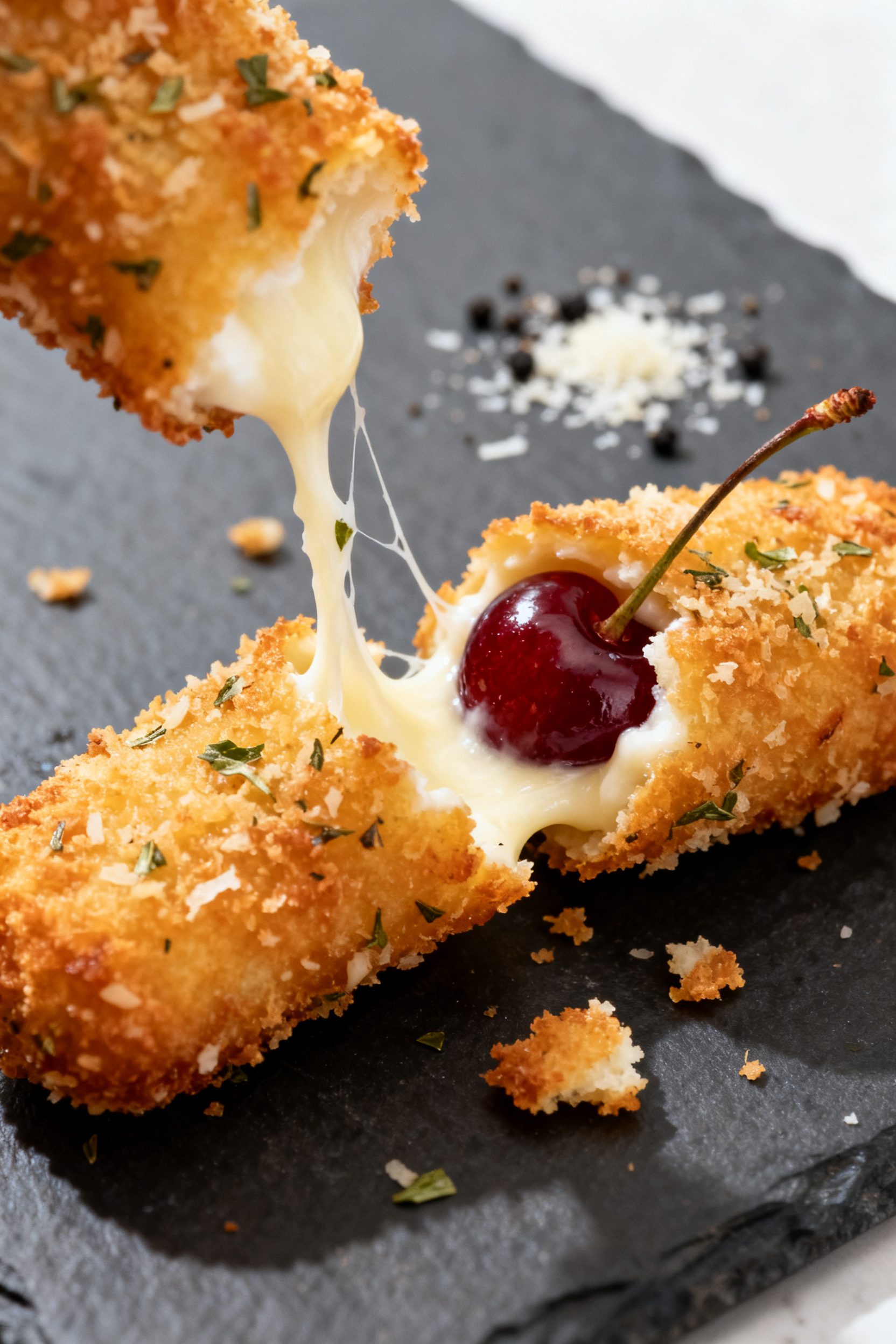 Close-up detail: Golden air-fried cherry mozzarella stick just cracked open to reveal a glossy cherr