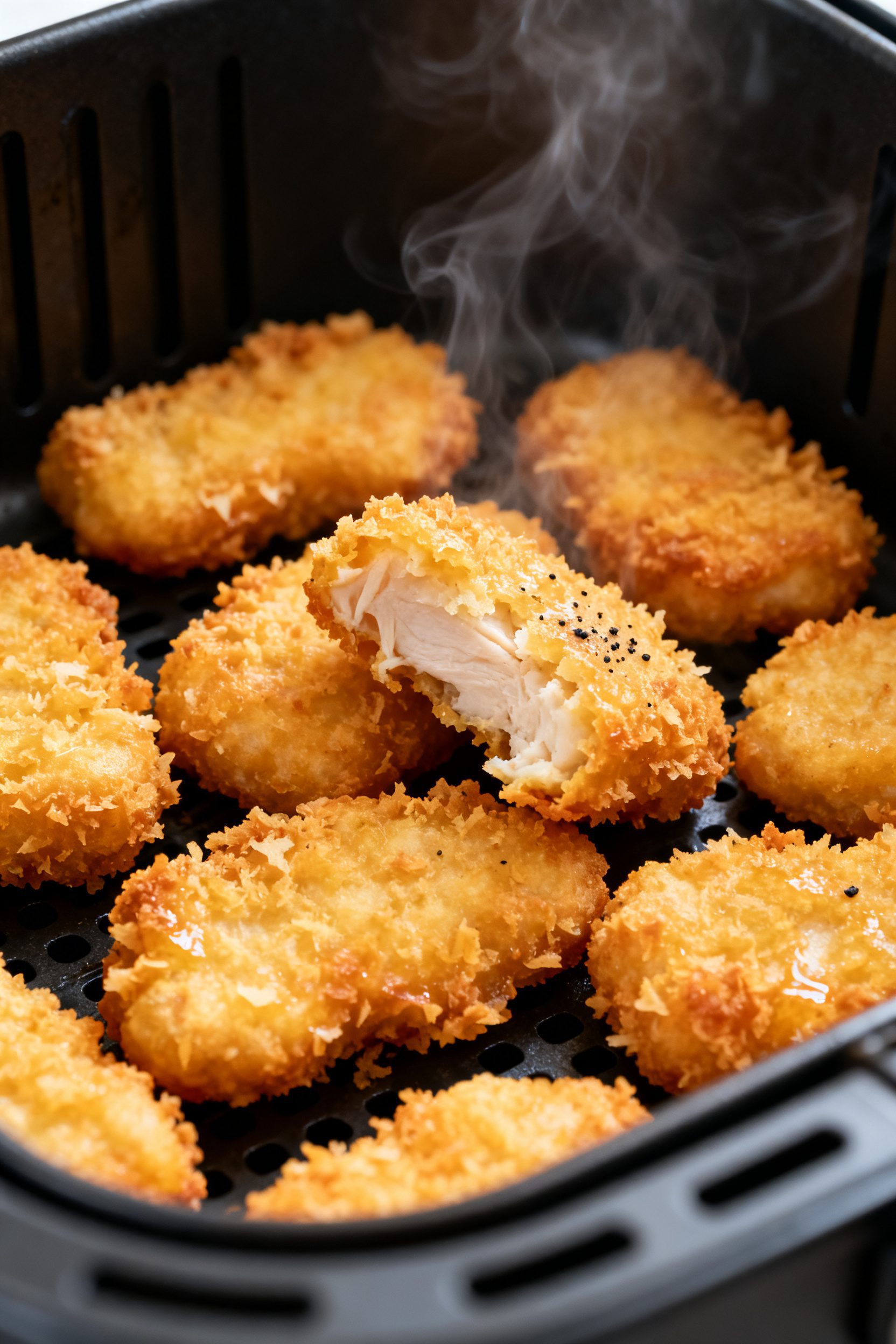 Close-up detail: Golden air-fried chicken nuggets just out of the basket, ultra-crispy panko crust w