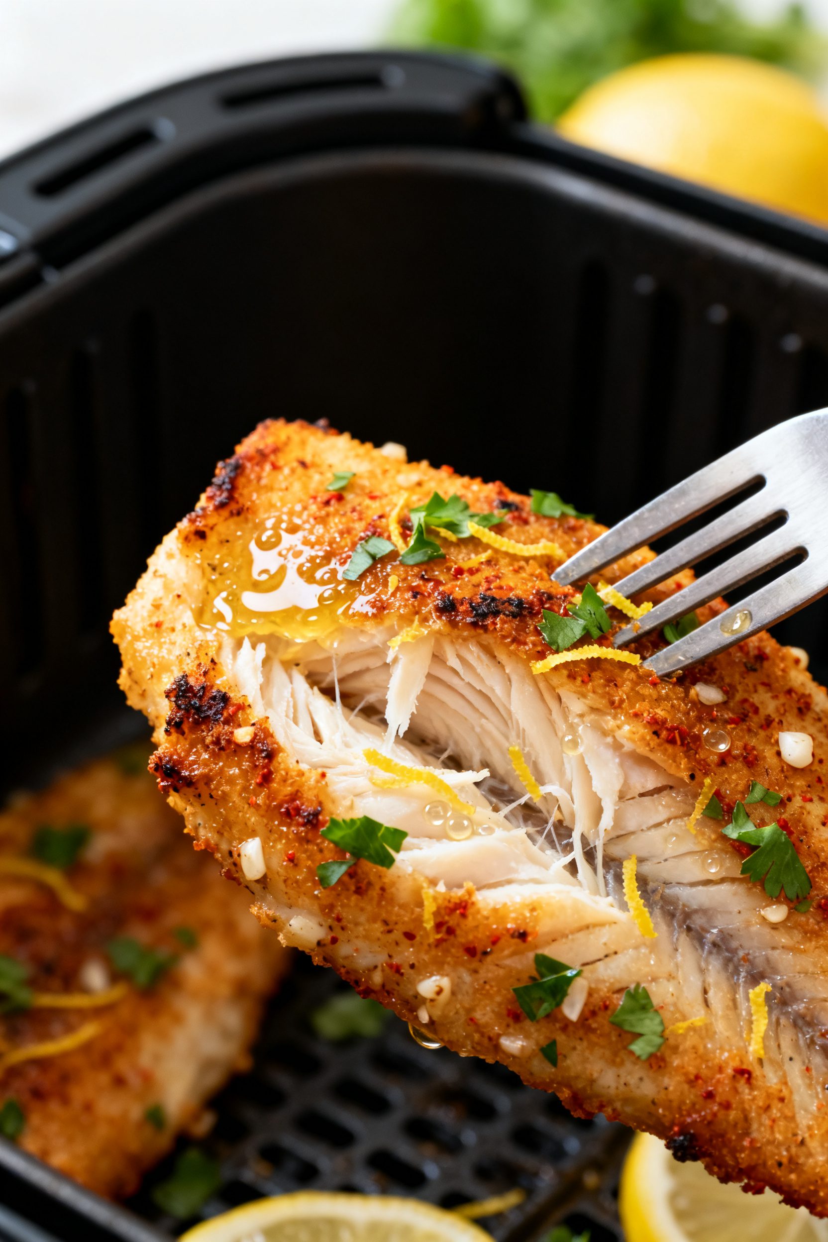 Close-up detail: Golden air-fried fish fillet just out of the basket at 400°F, edges lightly charre