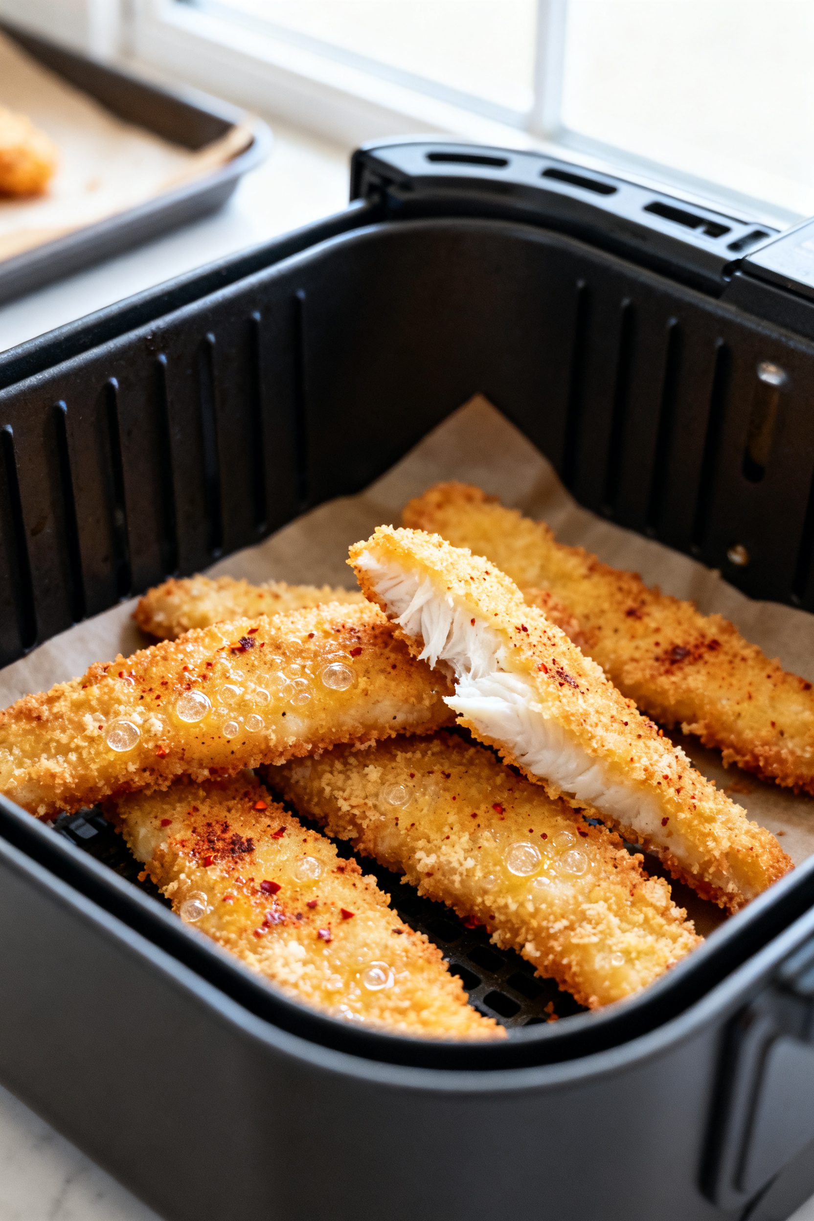 Close-up detail: Golden, air-fried fish strips just out of the basket at 400°F, coating of panko an