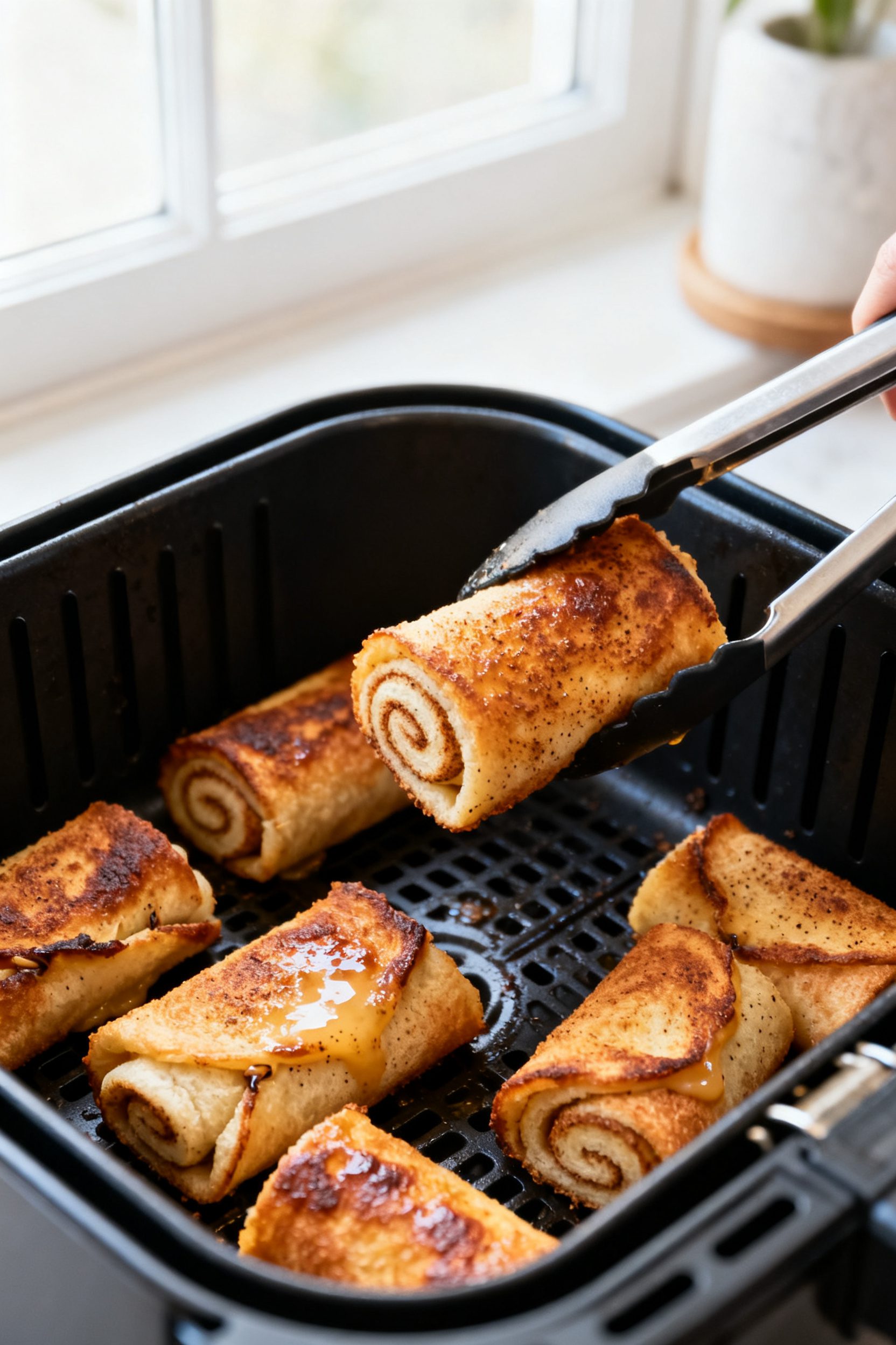 Close-up detail: Golden, air-fried French toast roll ups just out of the basket at 375°F, seam-side