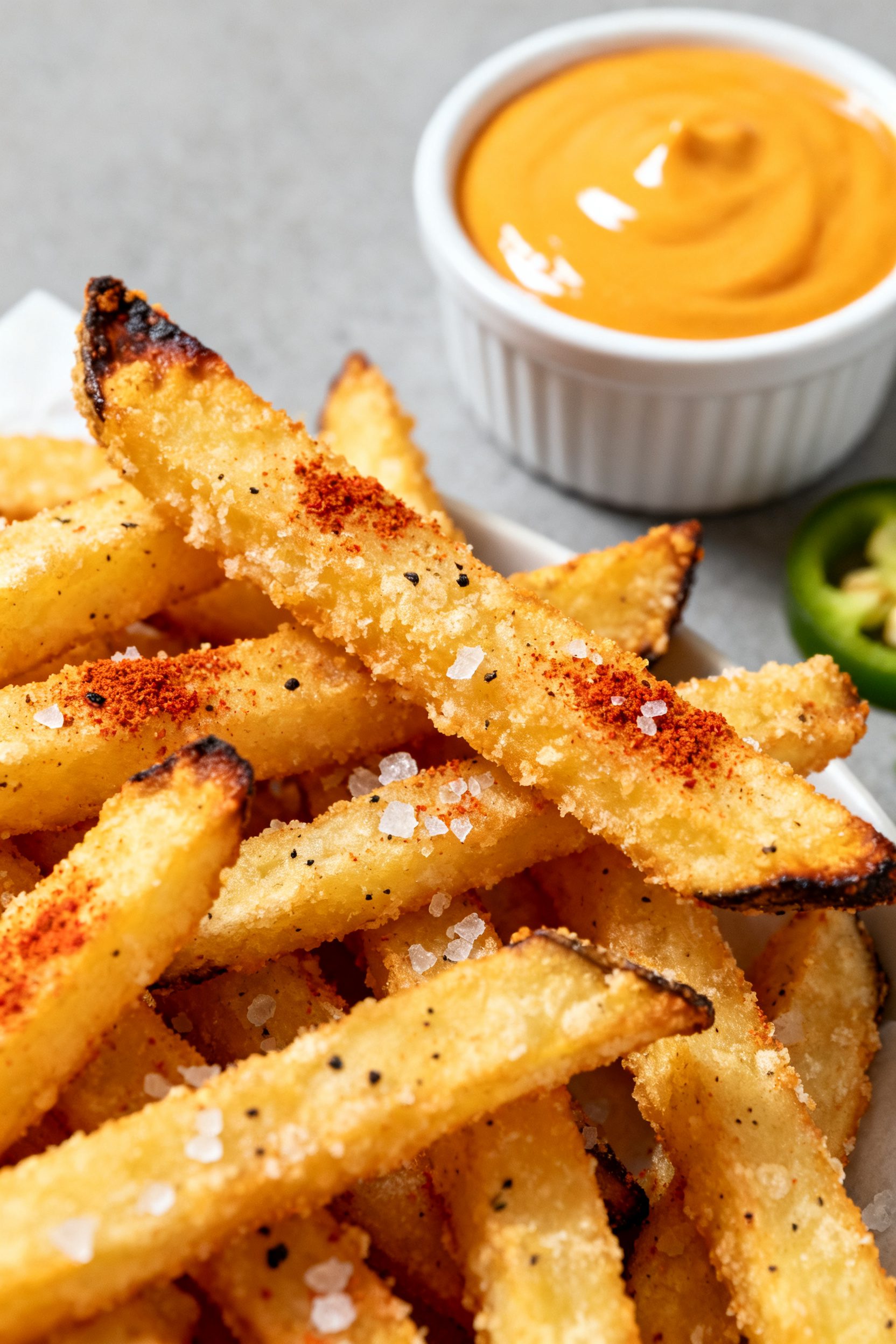 Close-up detail: Golden, air-fried nacho fries just finished at 400°F, deeply crisp with a thin, cr