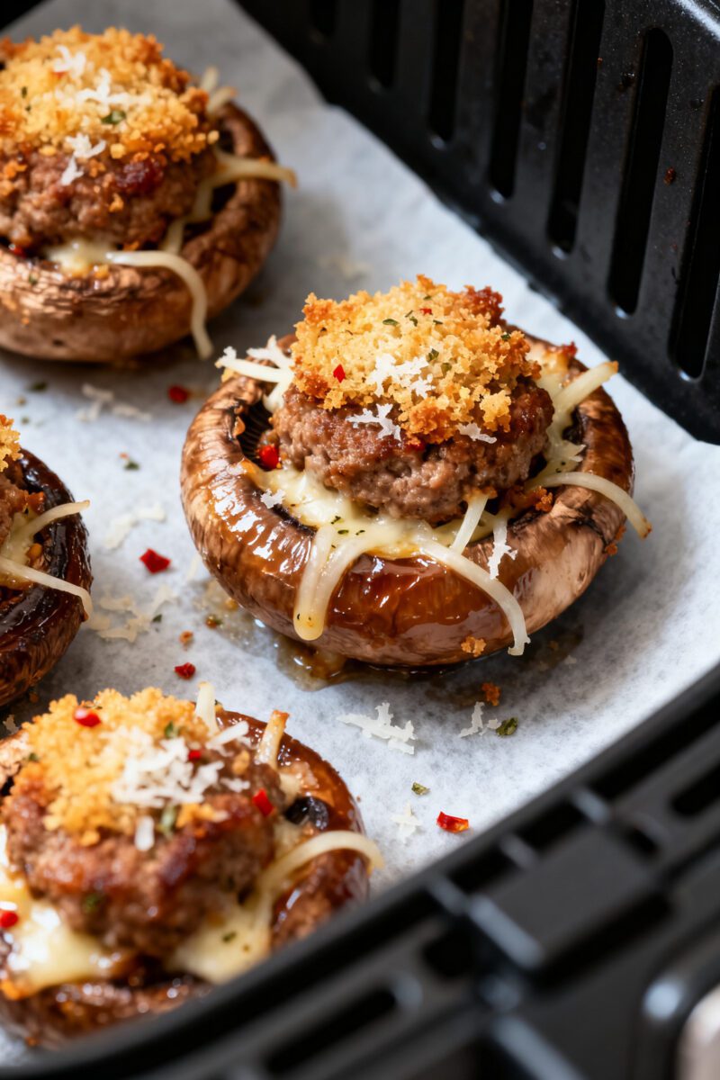 Close-up detail: Golden, air-fried sausage stuffed mushrooms just out of the basket at 375°F, showi