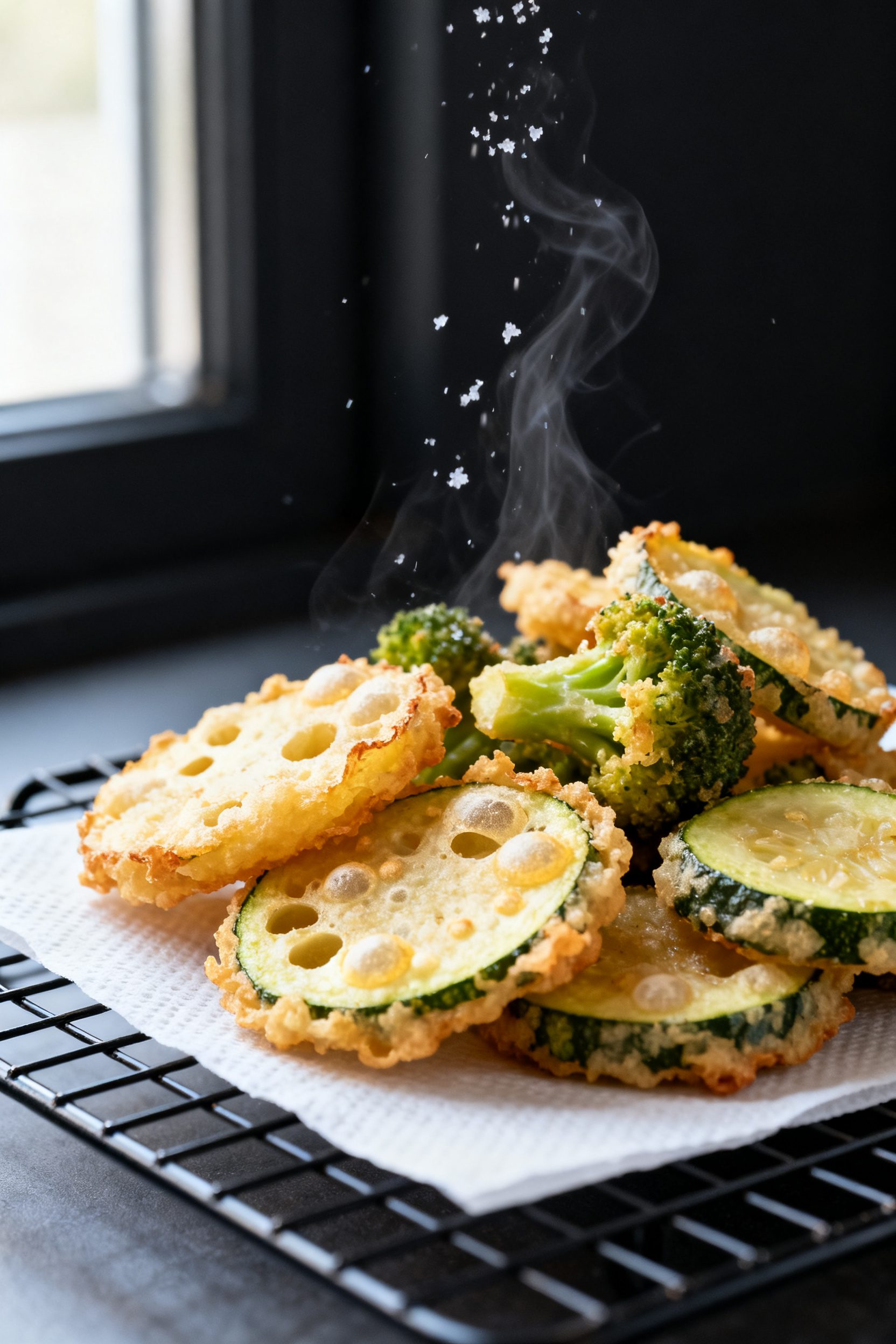 Close-up detail: Golden, air-fried tempura broccoli and zucchini rounds just out of the basket, ultr