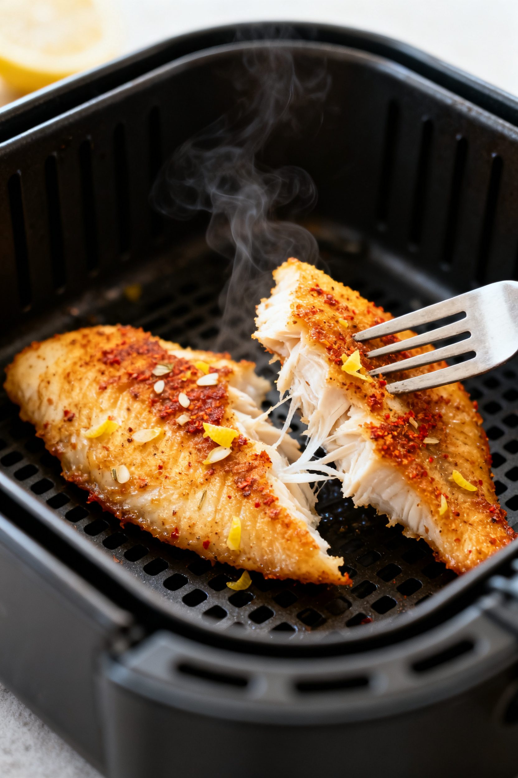 Close-up detail: Golden, air-fried tilapia fillet just out of the basket, edges lightly crisp with a