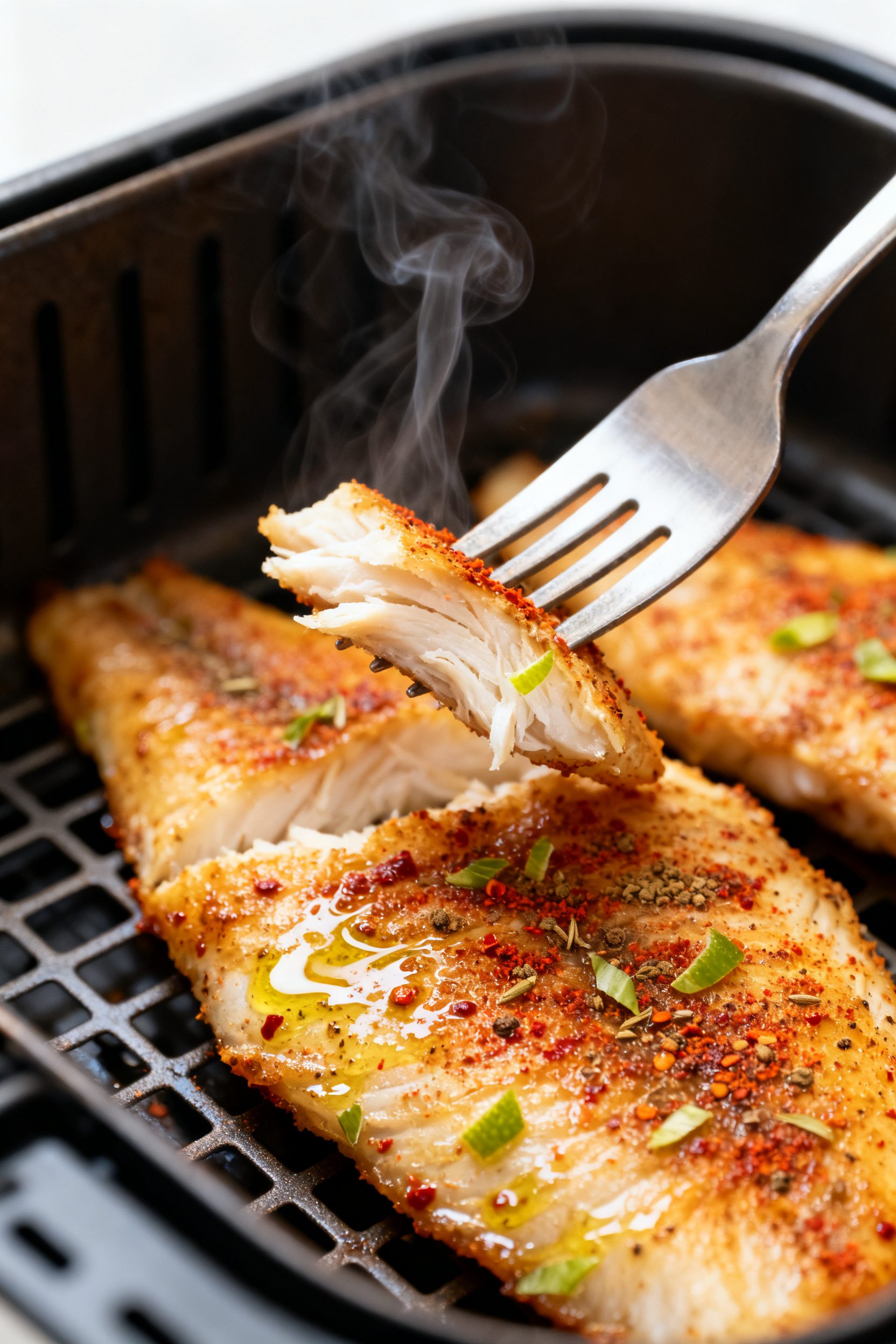 Close-up detail: Golden, air-fried tilapia fillet just out of the basket, surface glistening with ol