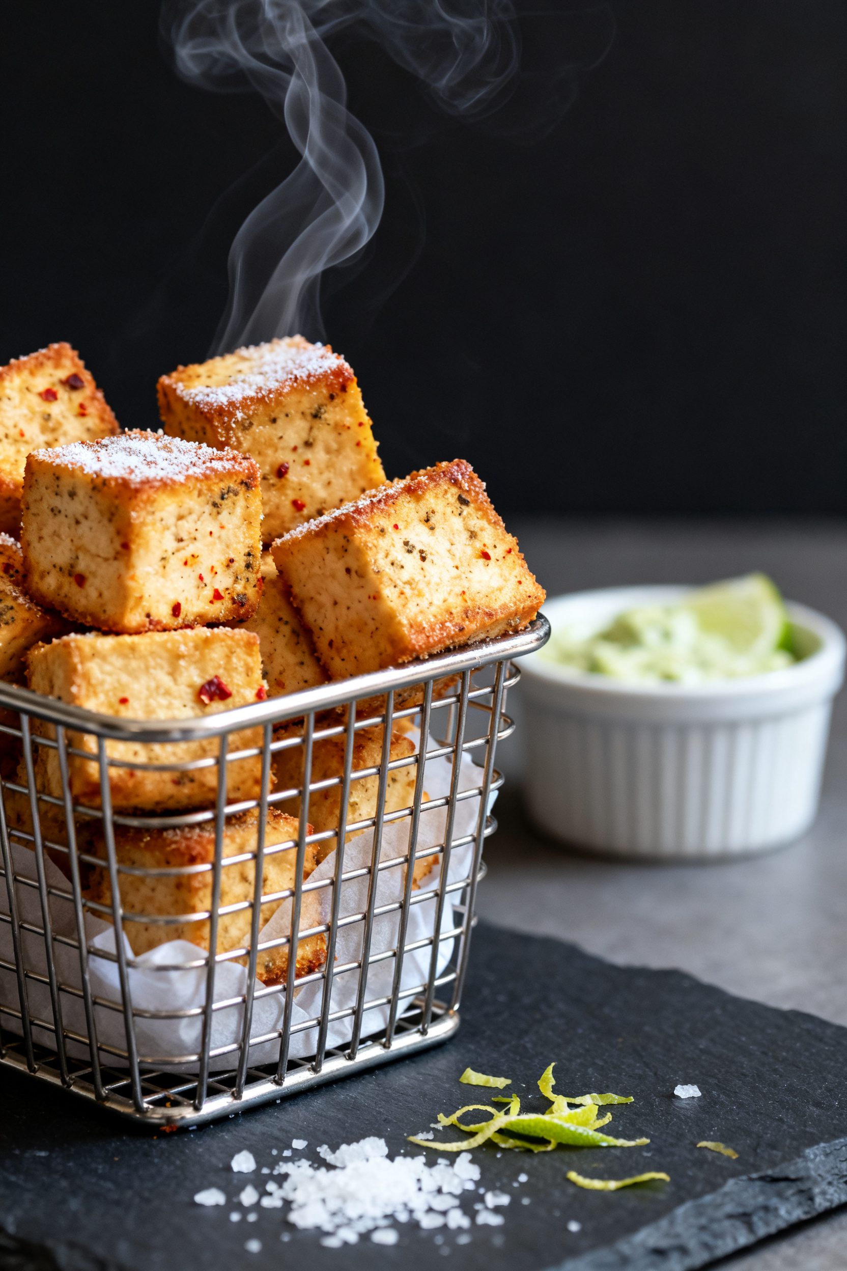 Close-up detail: Golden, air-fried tofu cubes just out of the basket, edges visibly crisp with a lig