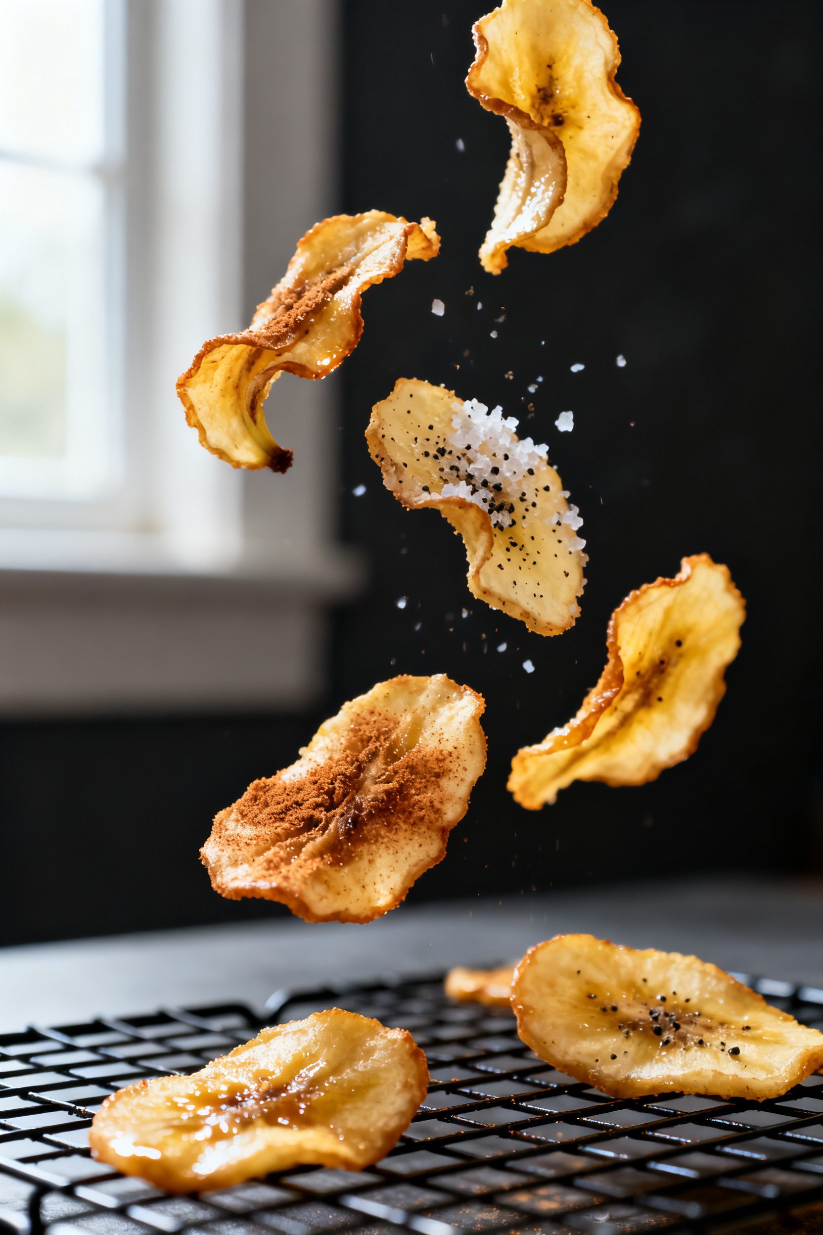 Close-up detail: Golden air fryer banana chips just out of the basket, lightly curled edges and dry,