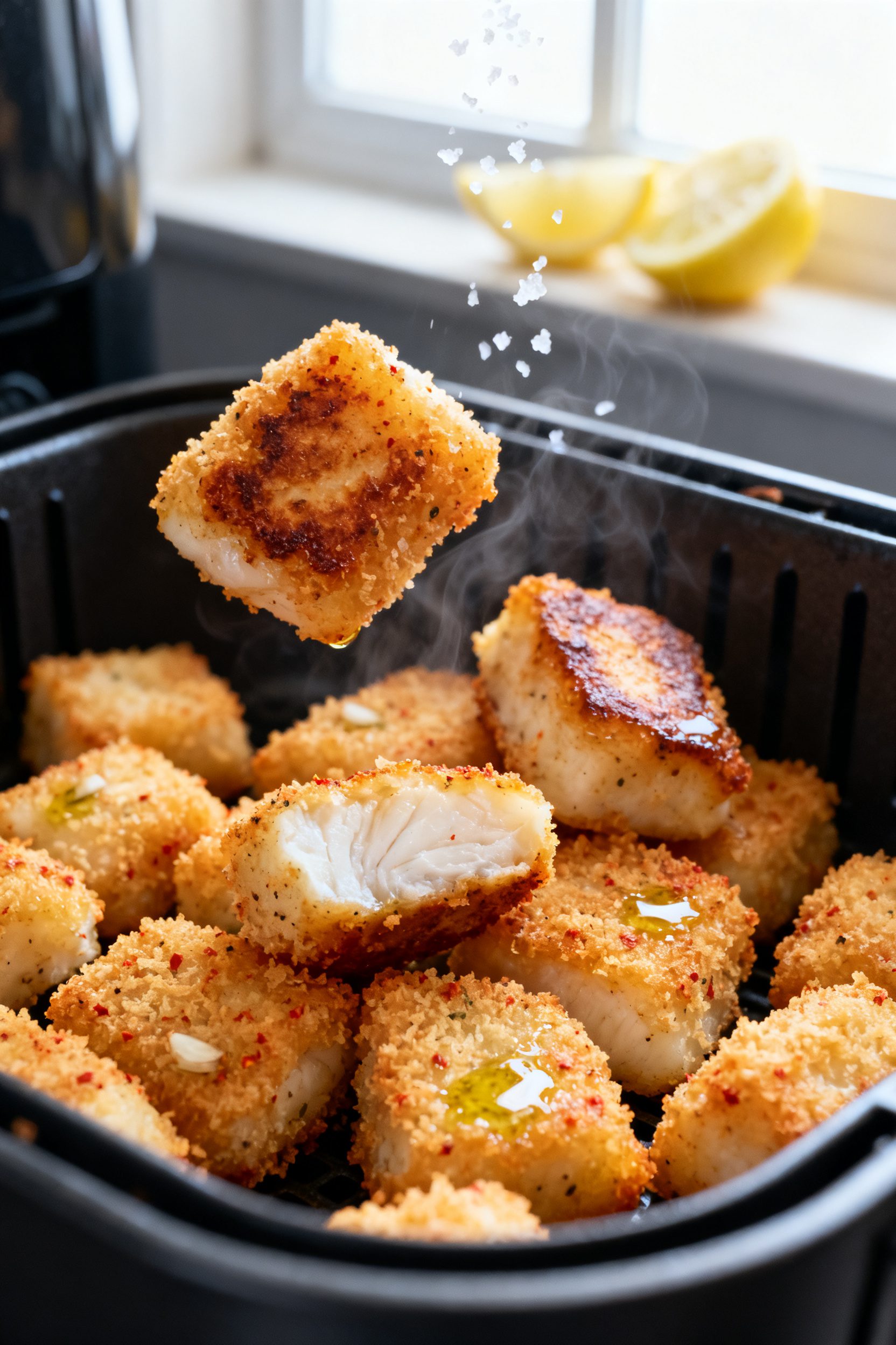 Close-up detail: Golden air fryer cod bites just out of the basket at 400°F, coating deeply crisp w