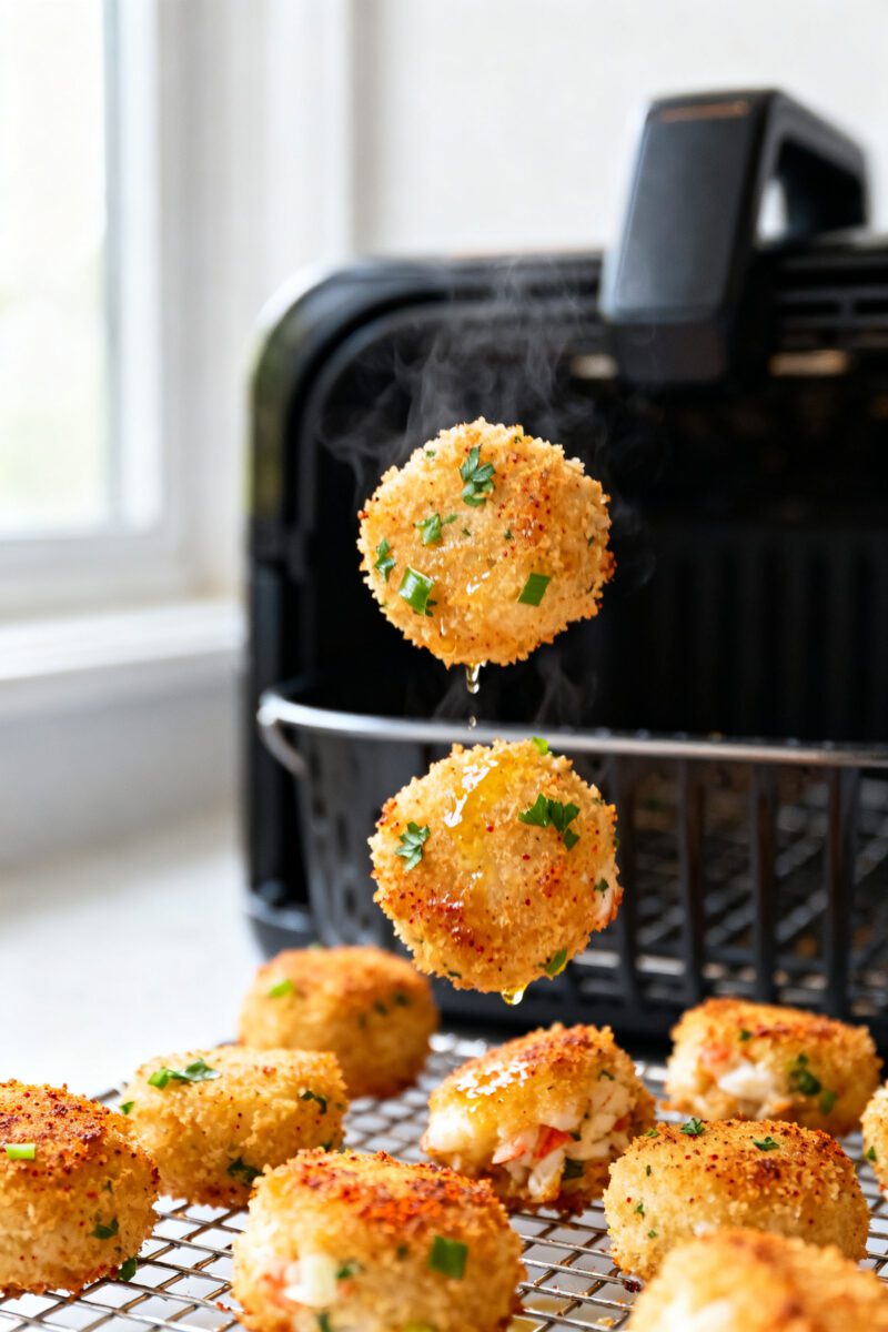Close-up detail: Golden air fryer crab bites just out of the basket, mid-cook flip captured—crisp