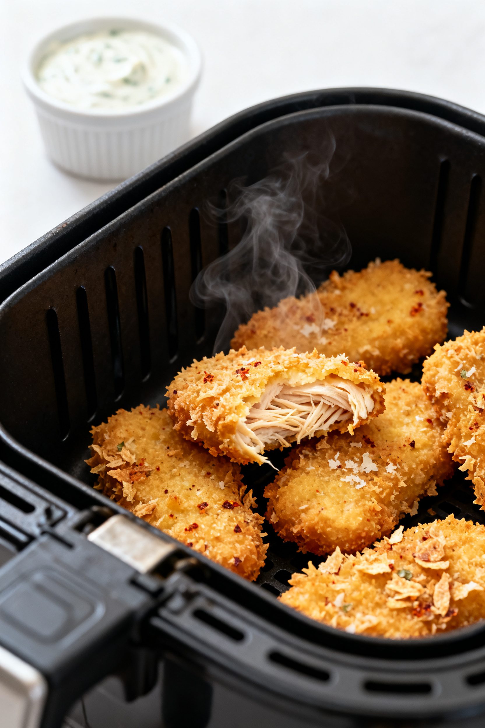 Close-up detail: Golden air fryer shredded chicken nuggets just out of the basket, crisp panko/cornf