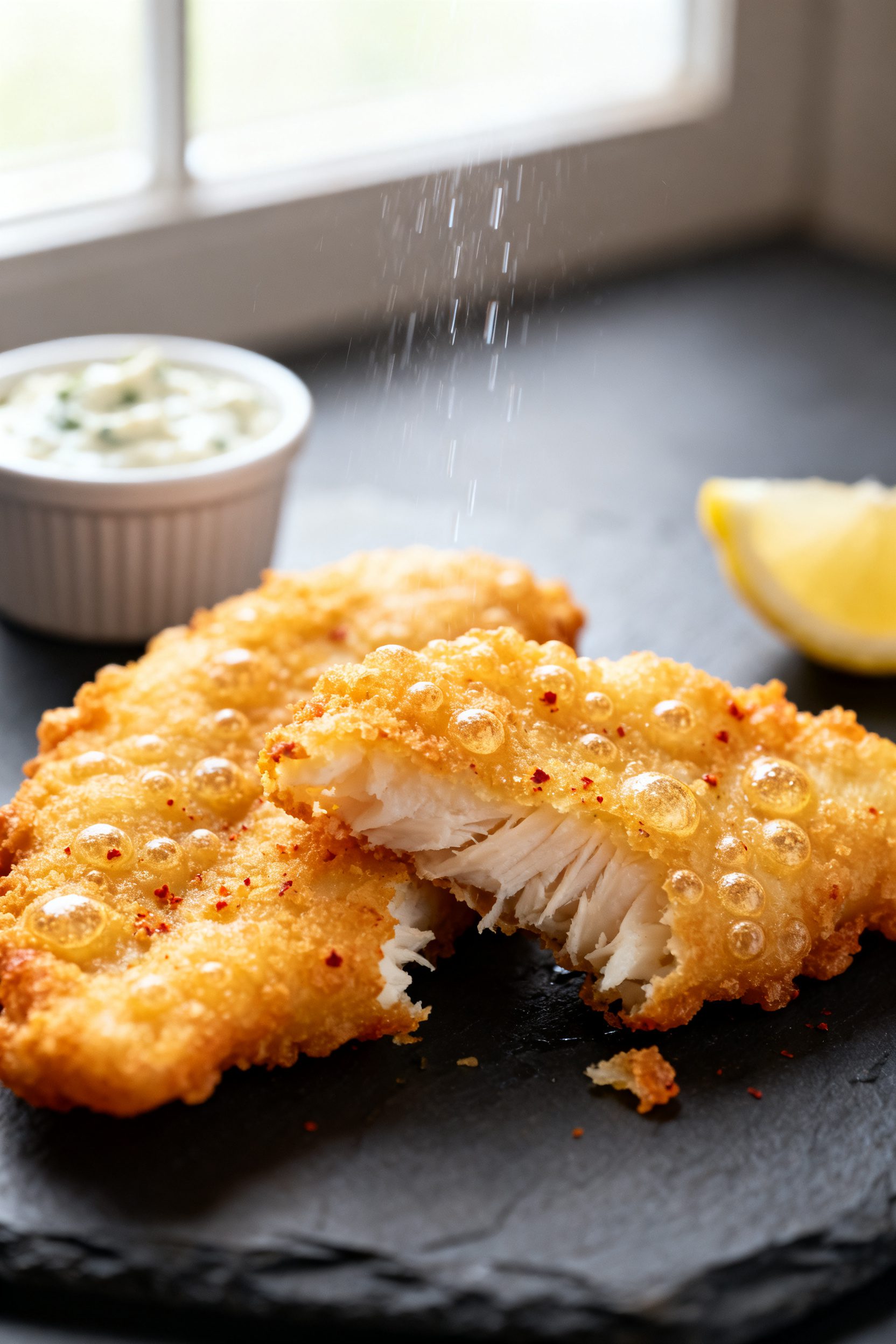 Close-up detail: Golden, beer-battered cod just out of the air fryer, coating shatter-crisp with tin