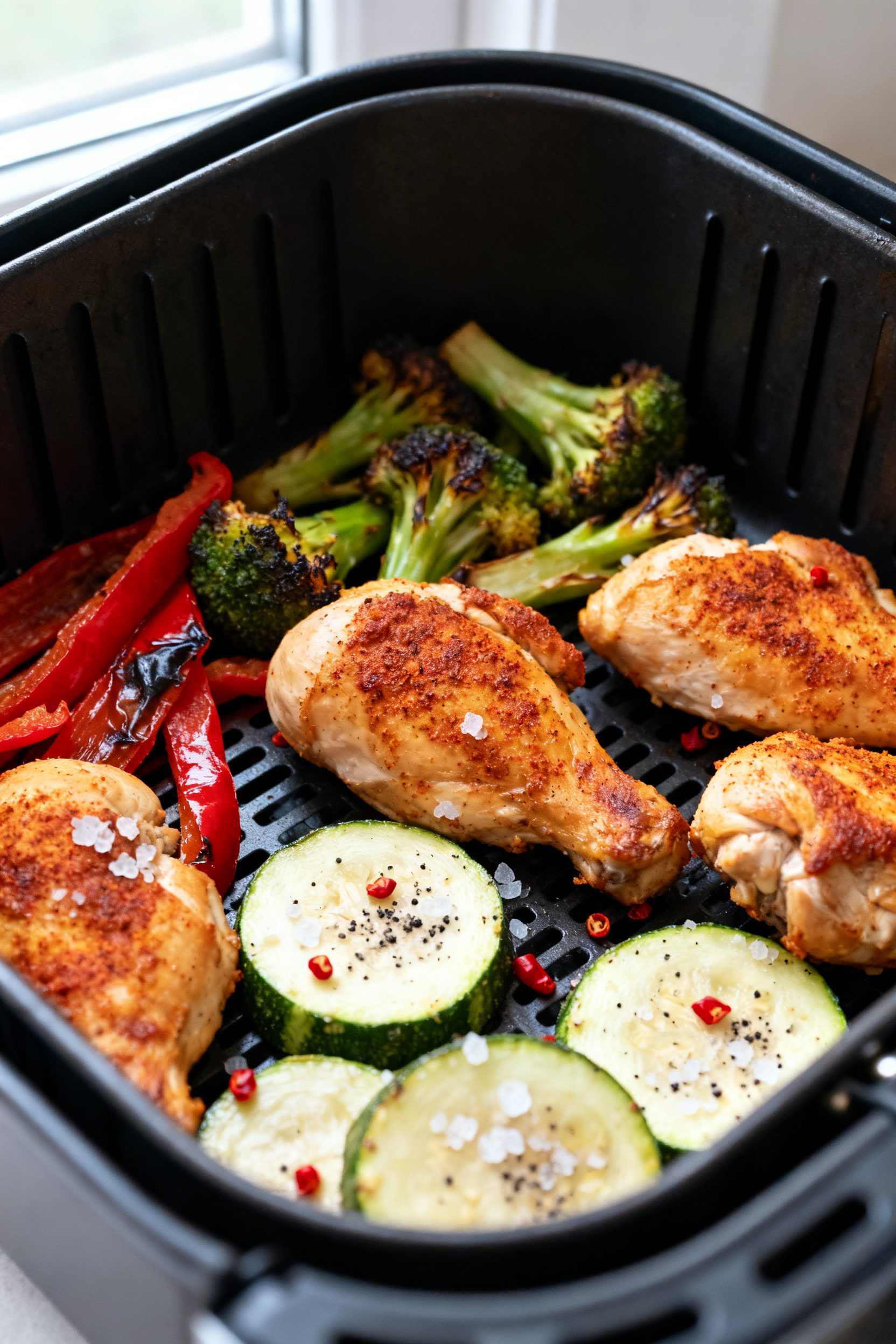 Close-up detail: Golden, bite-size air fryer chicken and caramelized vegetables fresh from the baske