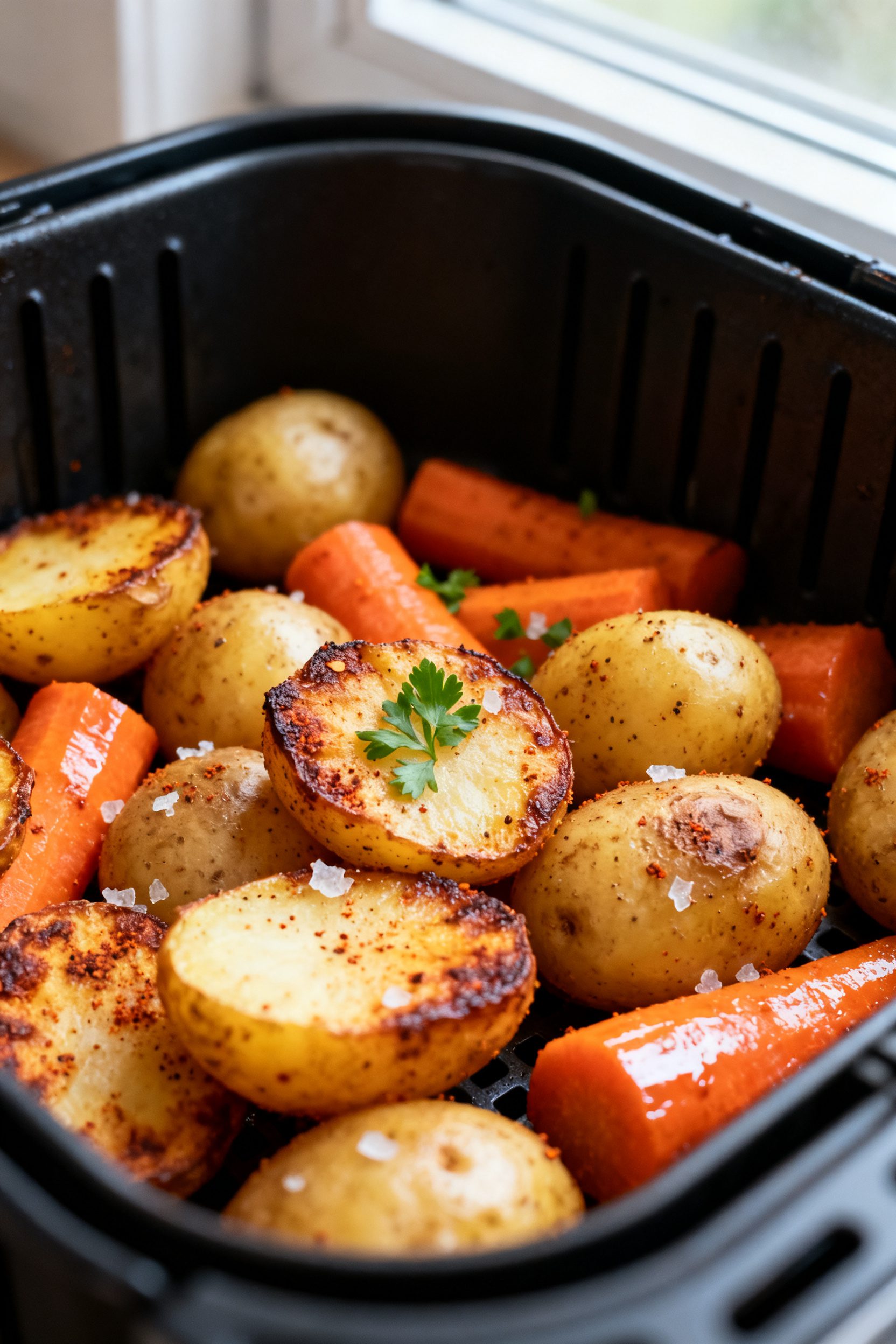 Close-up detail: Golden-brown air-fried baby potatoes and carrot chunks fresh from the basket, edges