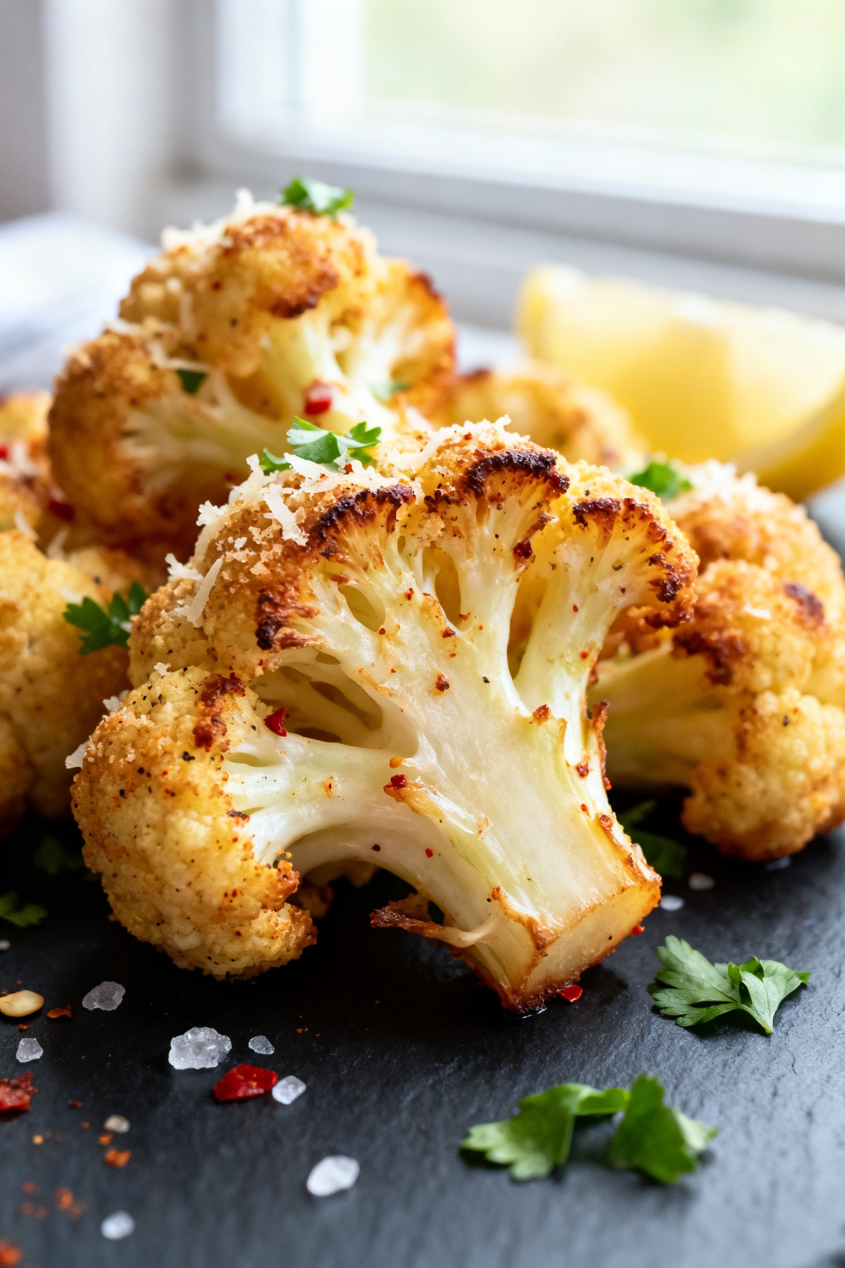 Close-up detail: Golden-brown air-fried cauliflower florets with caramelized edges and a light Parme