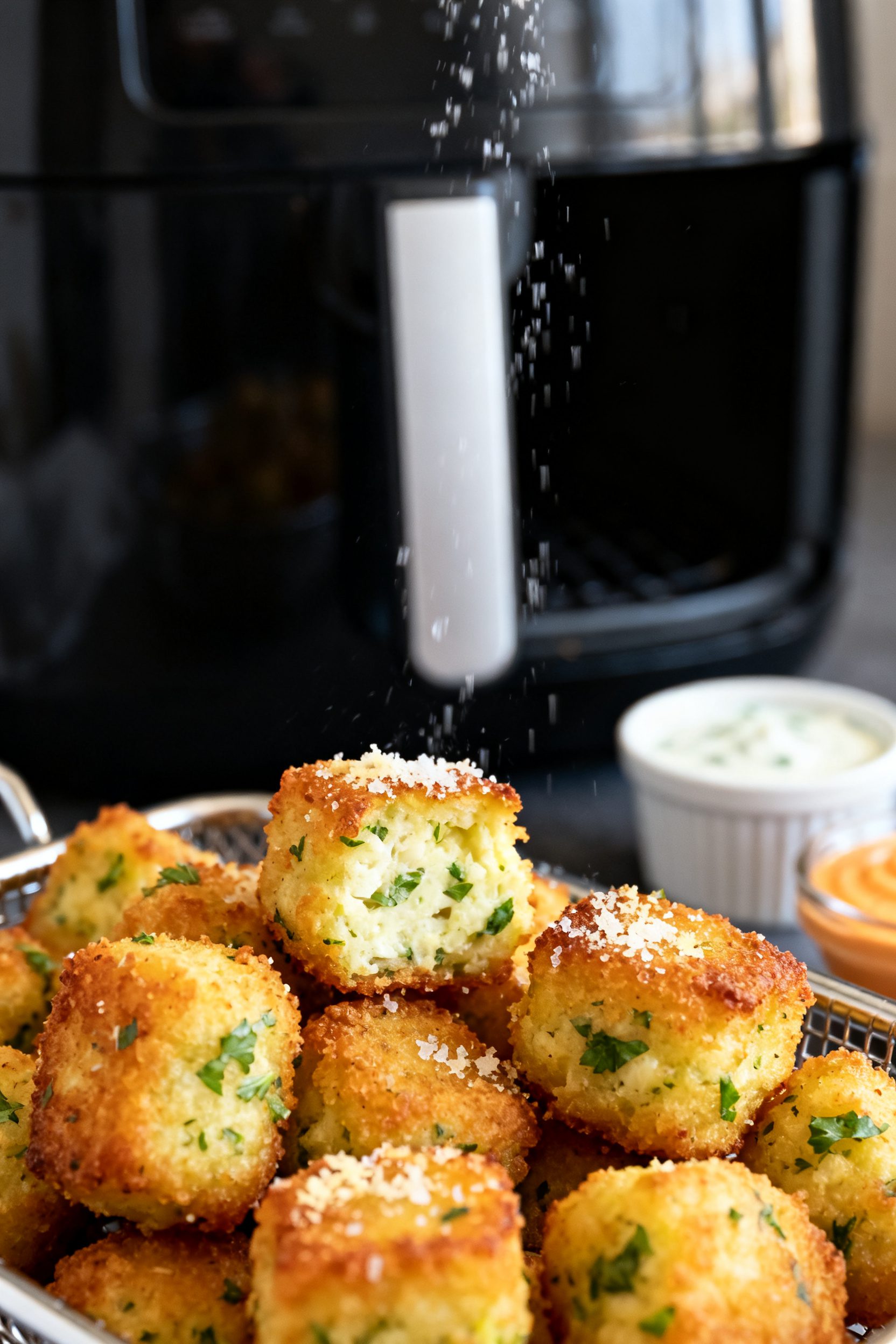 Close-up detail: Golden-brown air-fried cauliflower tots just out of the basket, edges deeply crisp 