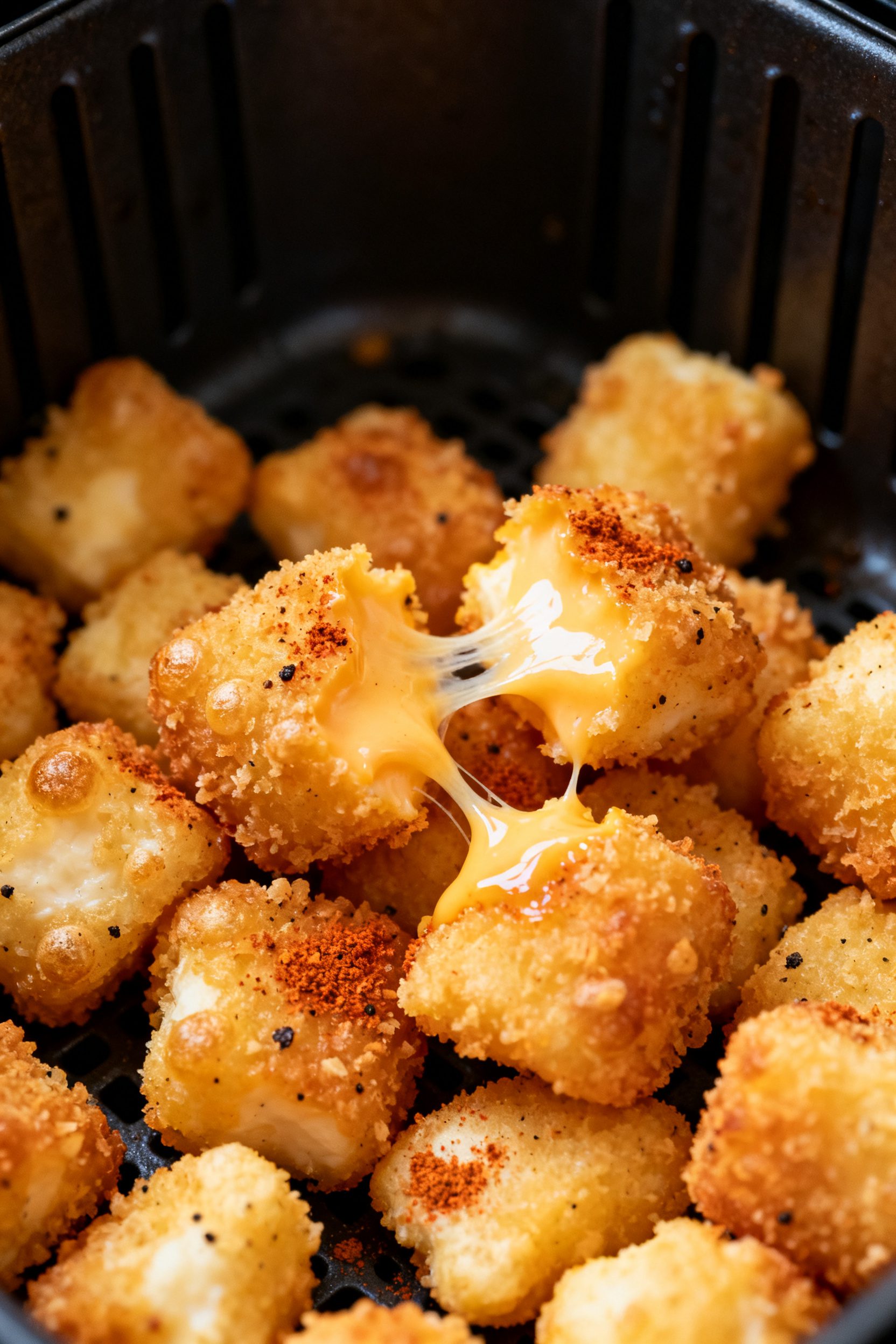 Close-up detail: Golden-brown air-fried cheese curds just out of the basket, ultra-crisp panko-style
