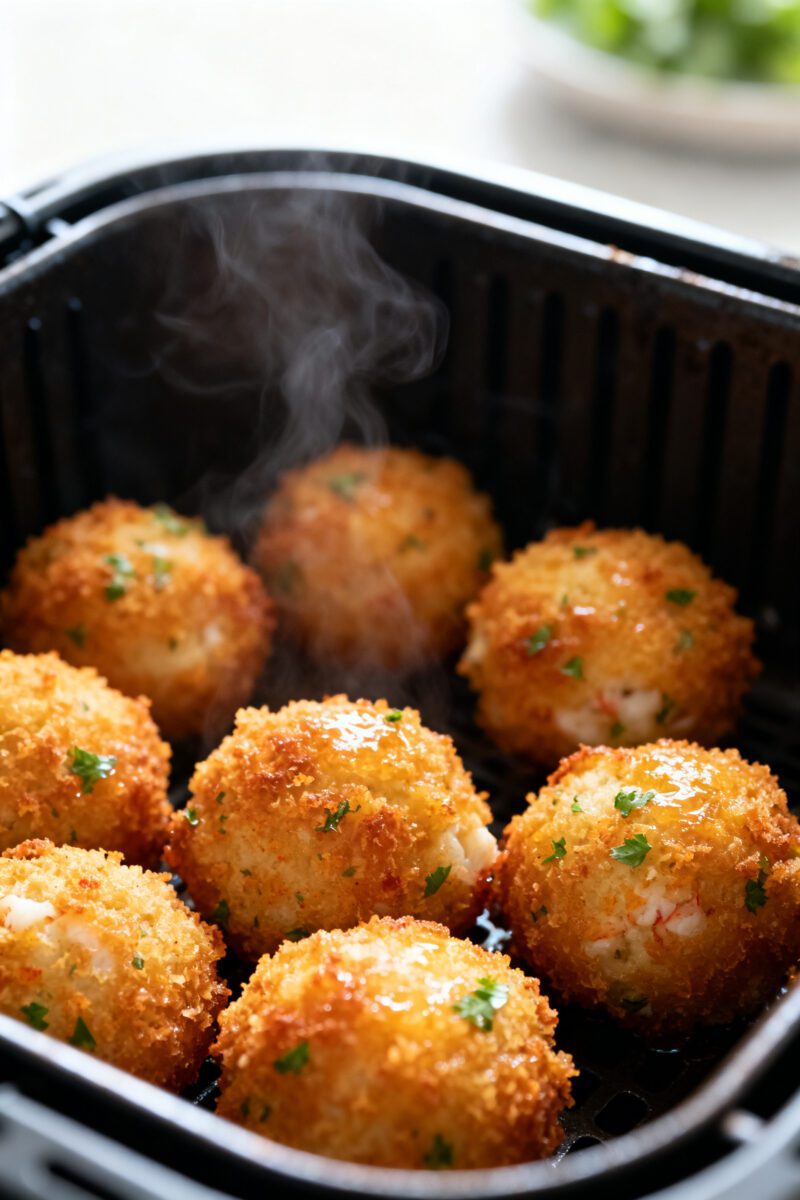 Close-up detail: Golden-brown air-fried crab balls just out of the basket at 380°F, crisp panko ext
