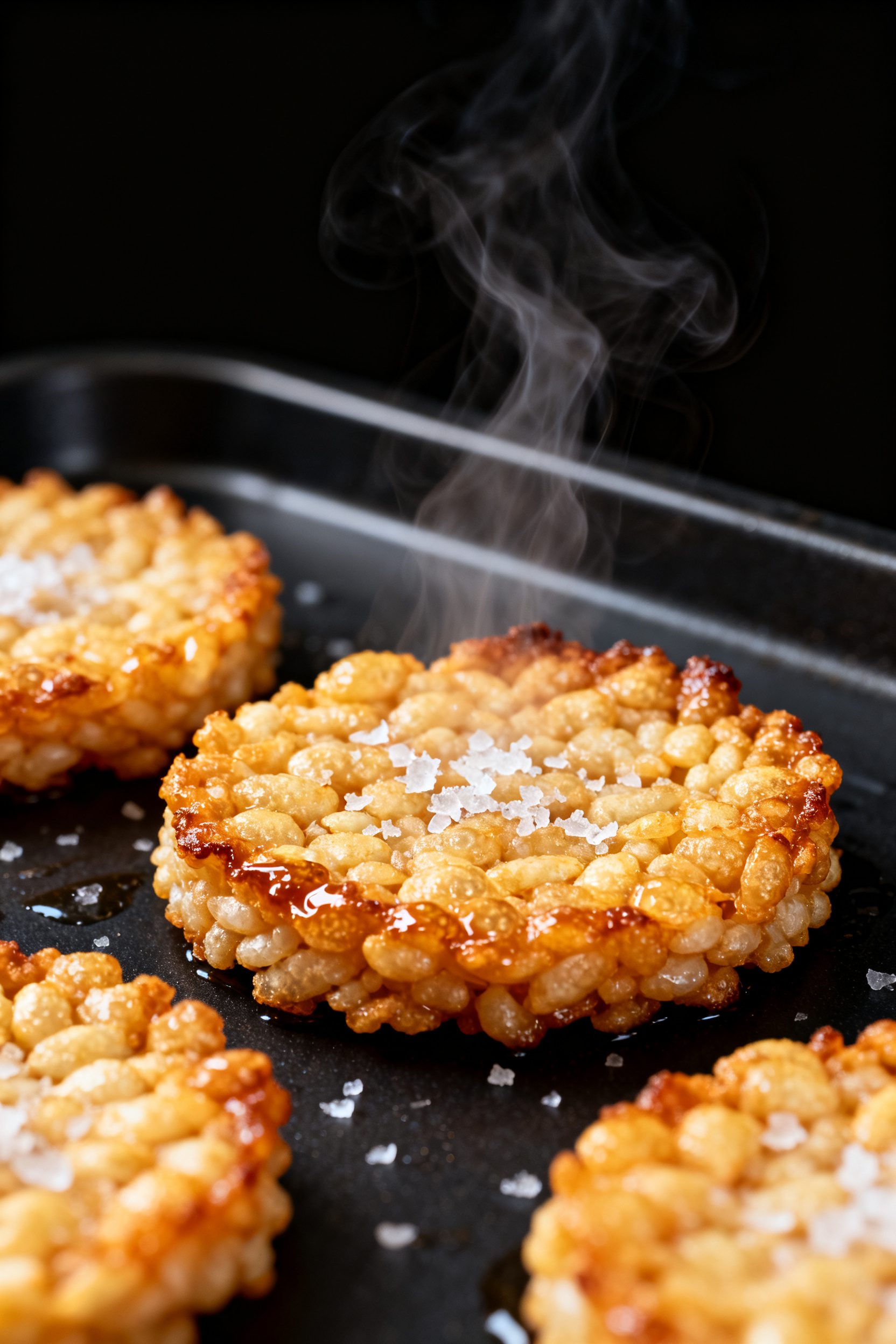 Close-up detail: Golden-brown air-fried crispy rice cakes just out of the basket, steam rising, ultr