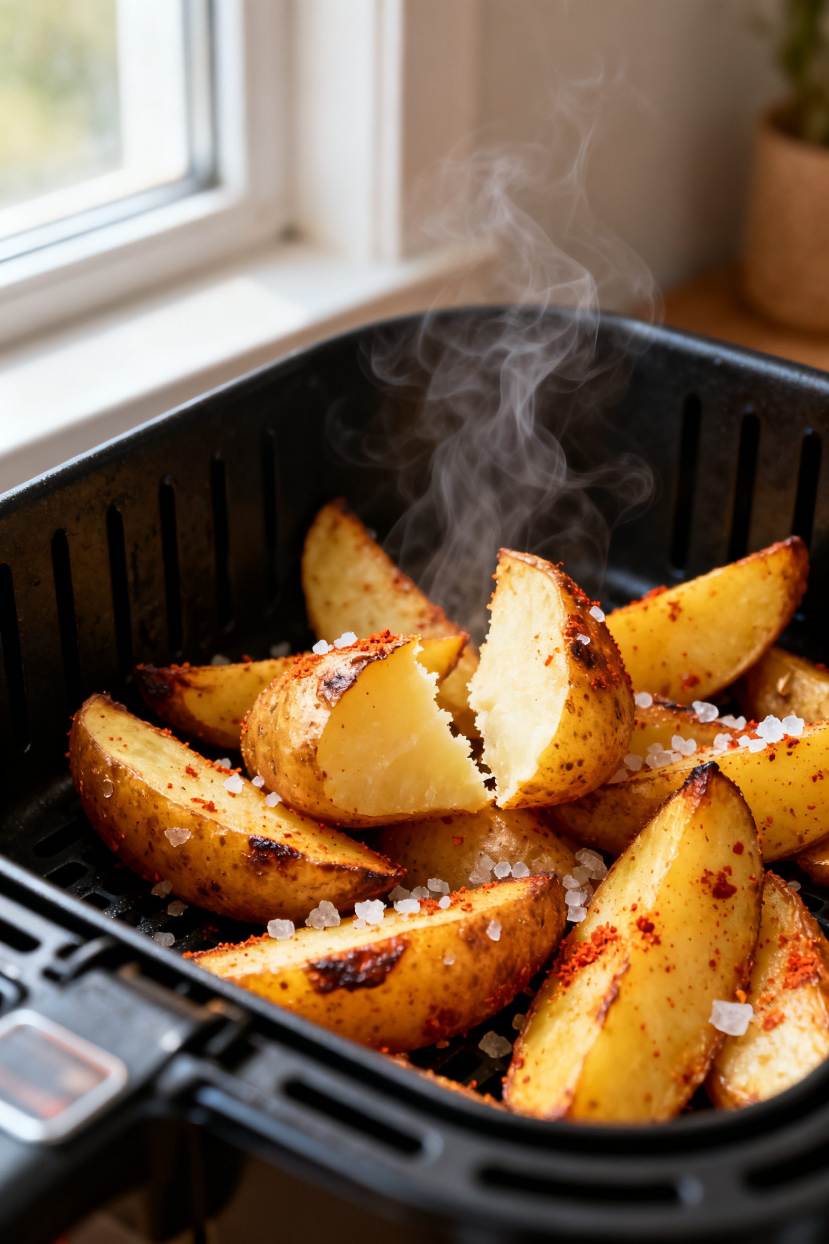 Close-up detail: Golden-brown air-fried potato wedges just after cooking, edges blistered and crisp 