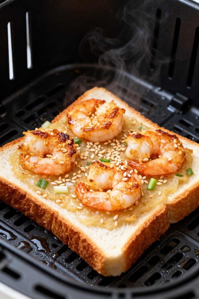 Close-up detail: Golden-brown air-fried shrimp toast just out of the basket, shrimp-side up, showing