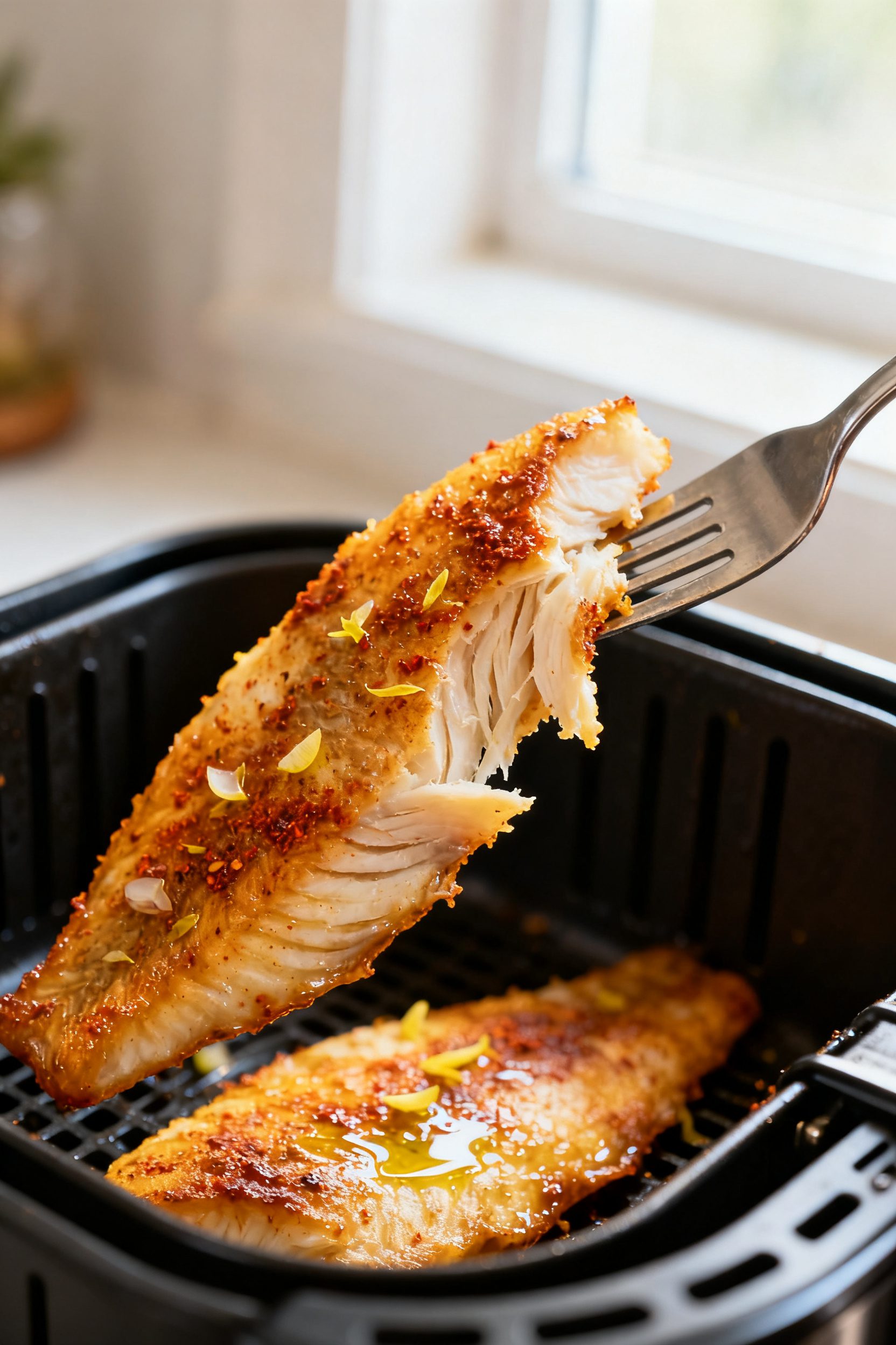 Close-up detail: Golden-brown air-fried tilapia fillet fresh from the basket, edges lightly crisp an