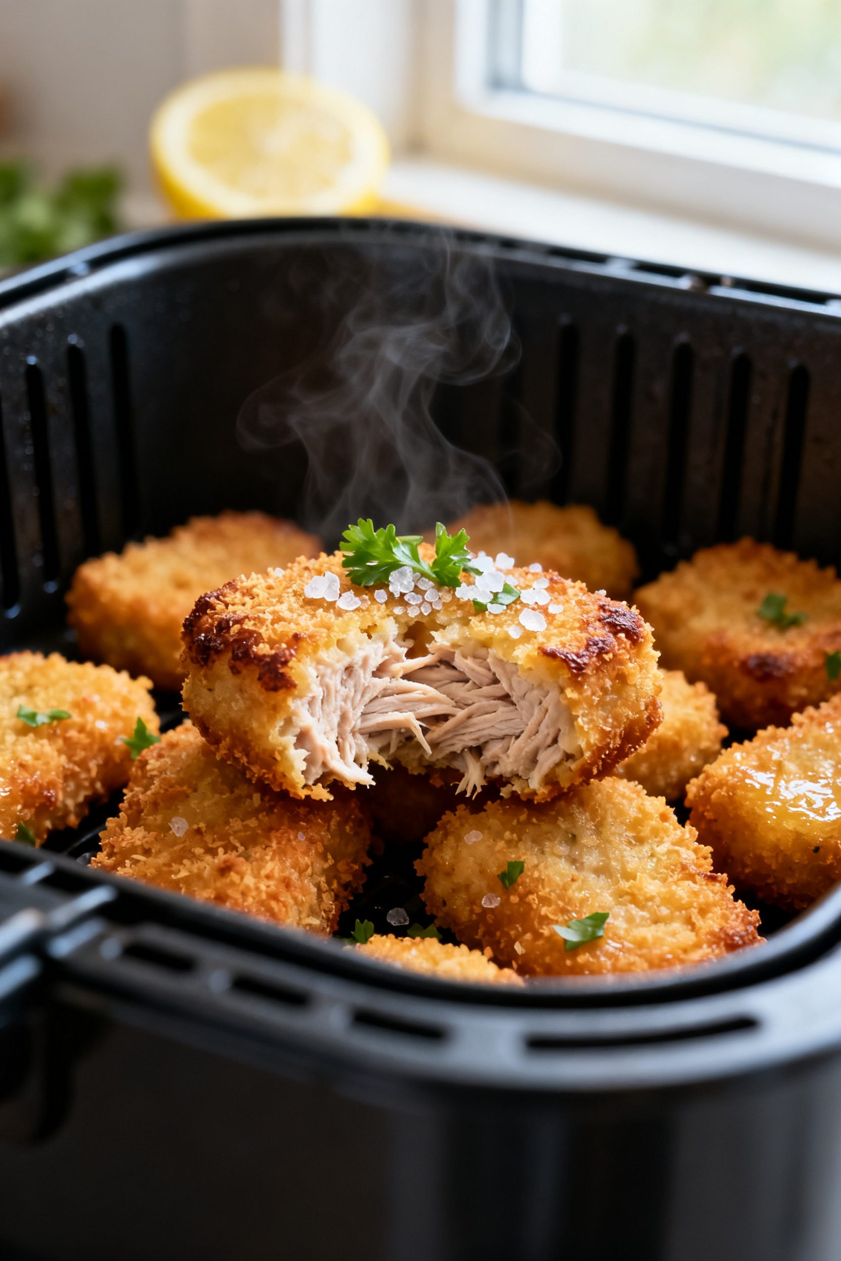 Close-up detail: Golden-brown air-fried tuna nuggets just out of the basket, edges slightly browned 