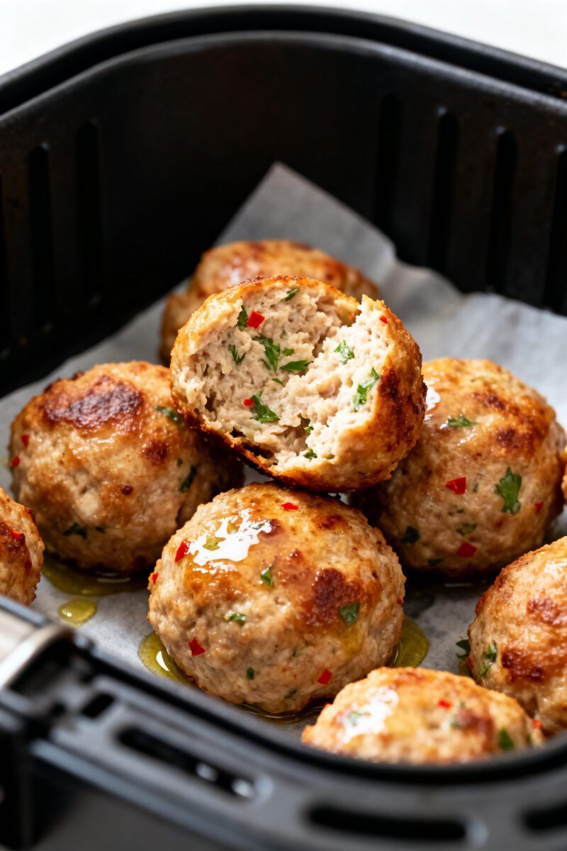 Close-up detail: Golden-brown air-fried turkey meatballs just out of the basket, glistening with a l