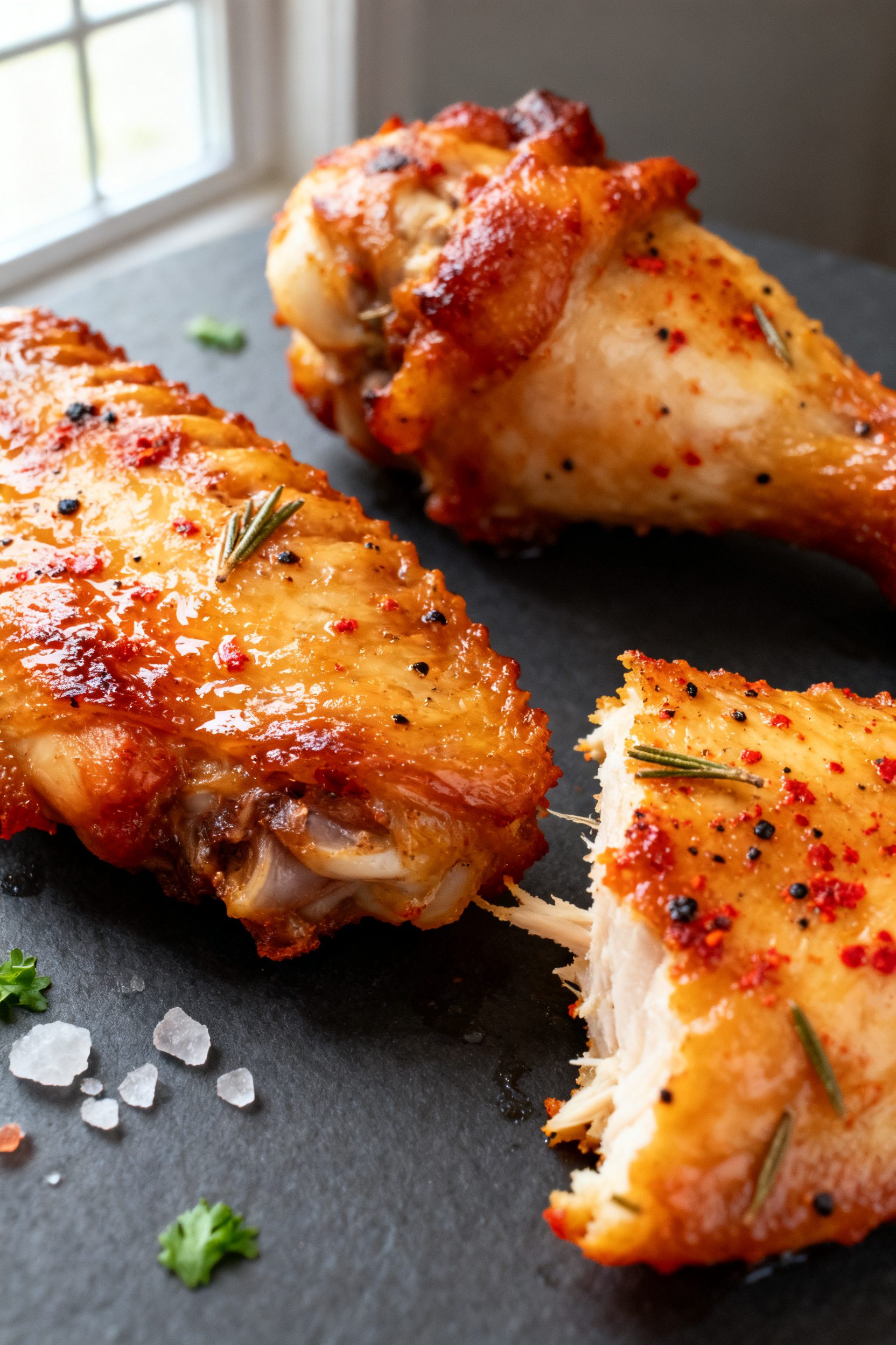 Close-up detail: Golden-brown air-fried turkey wing flats and drumettes just finished at 400°F, ski