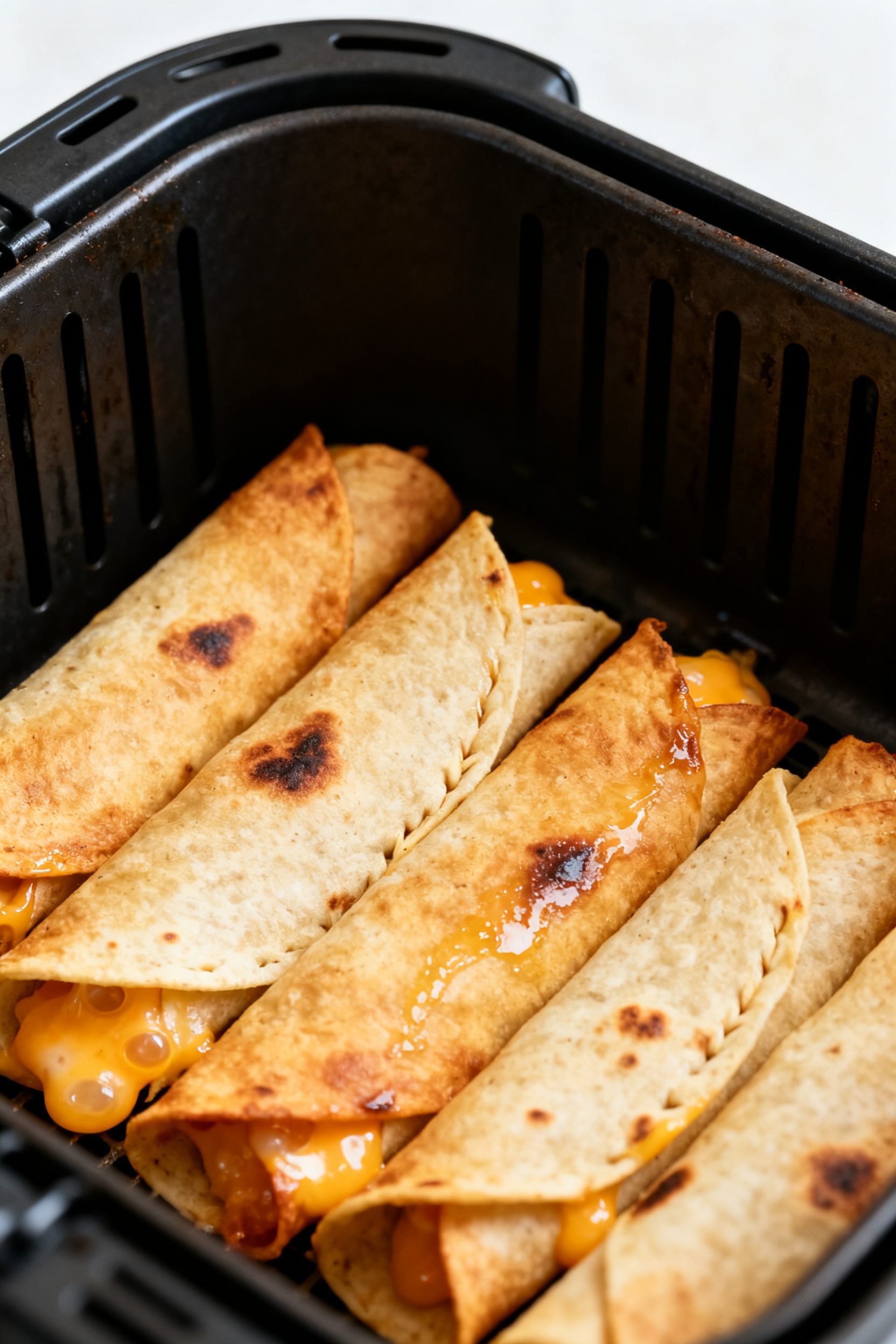 Close-up detail: Golden-brown air fryer cheese taquitos just finished cooking in the basket at 375°