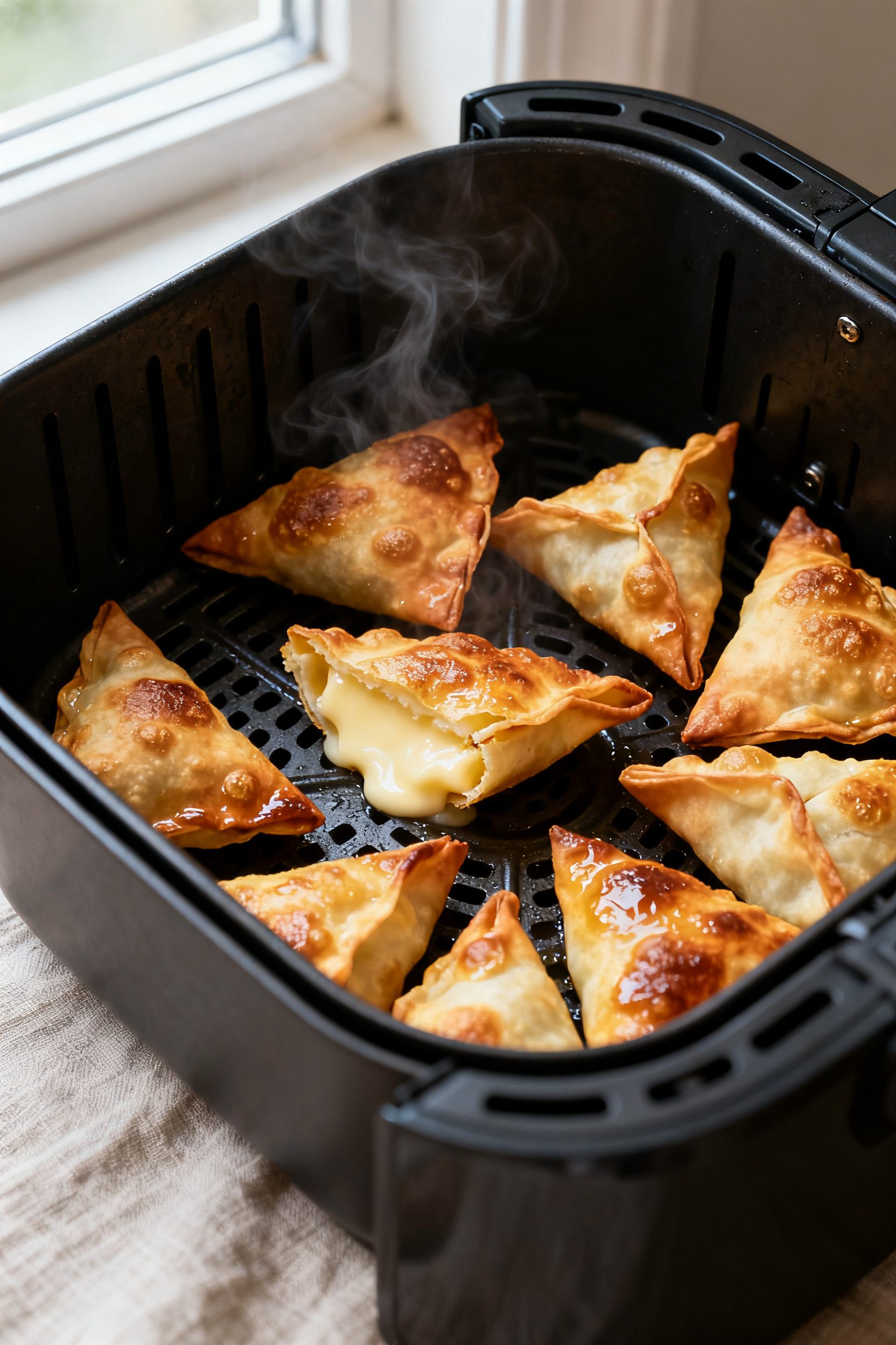 Close-up detail: Golden-brown air fryer cheesecake wontons just out of the basket at 350°F, crisp b