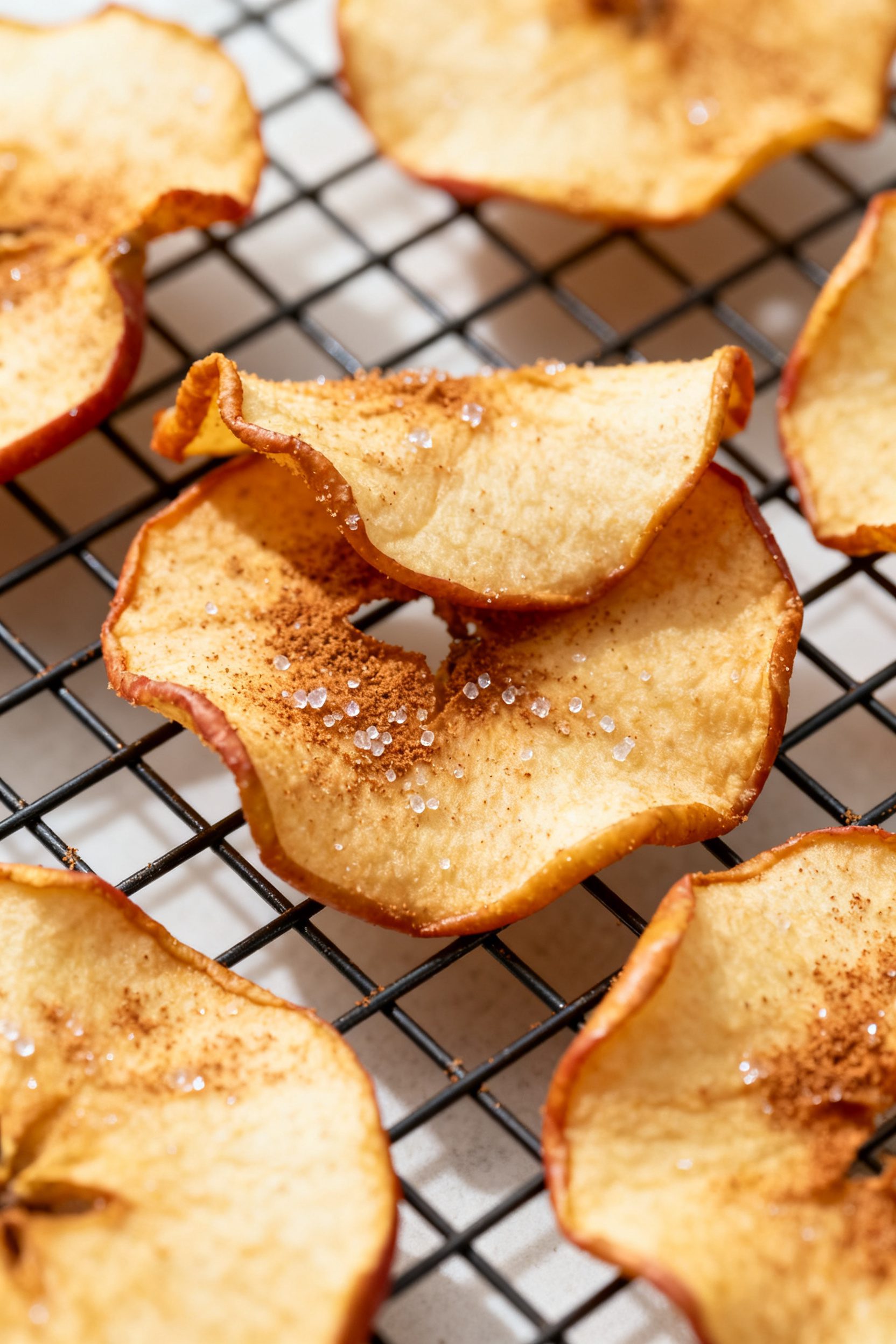 Close-up detail: Golden-brown air fryer cinnamon apple chips just cooled on a wire rack, edges delic