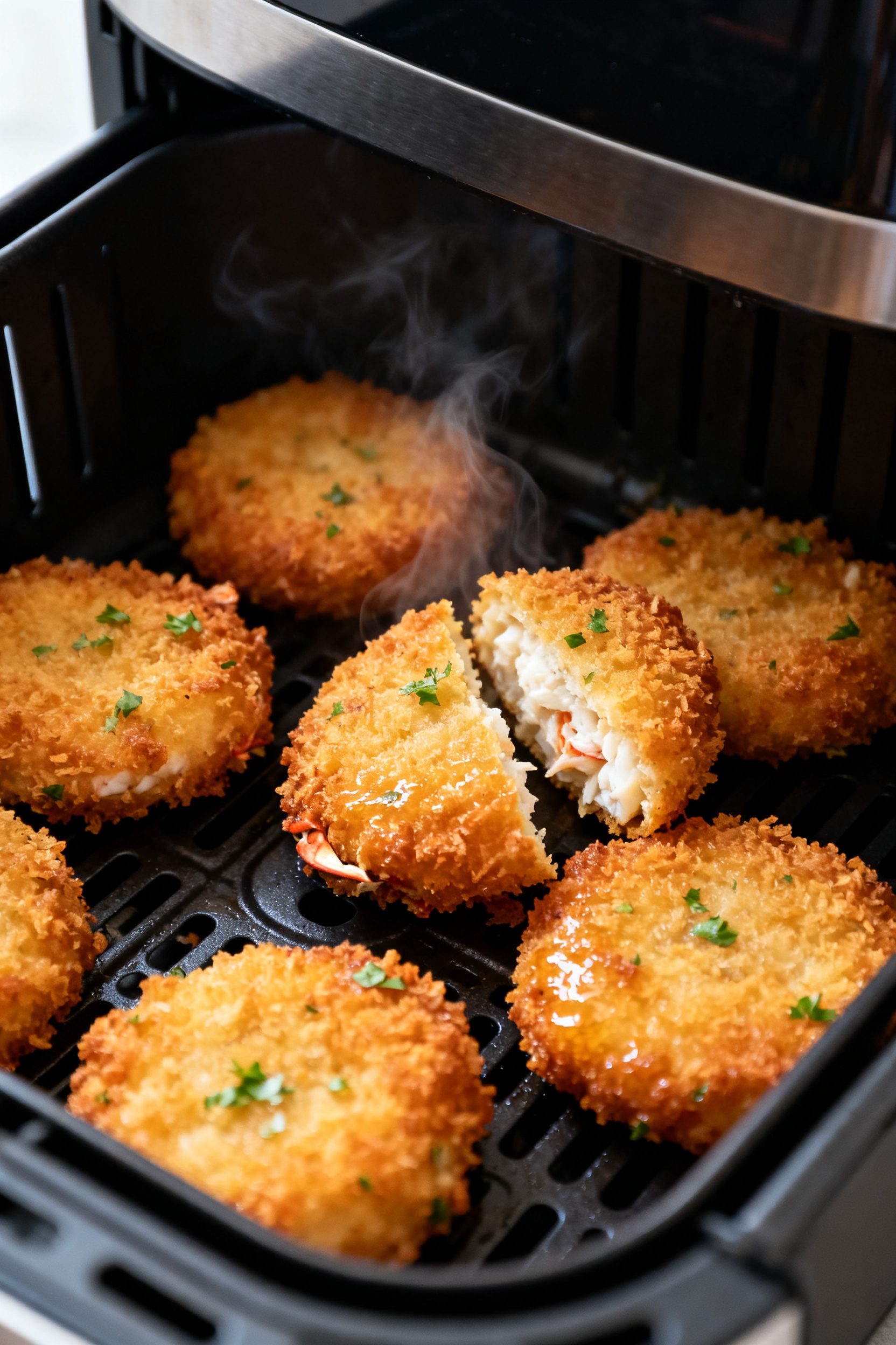 Close-up detail: Golden-brown Air Fryer Crab Crunchies just out of the basket at 390°F, crisp panko