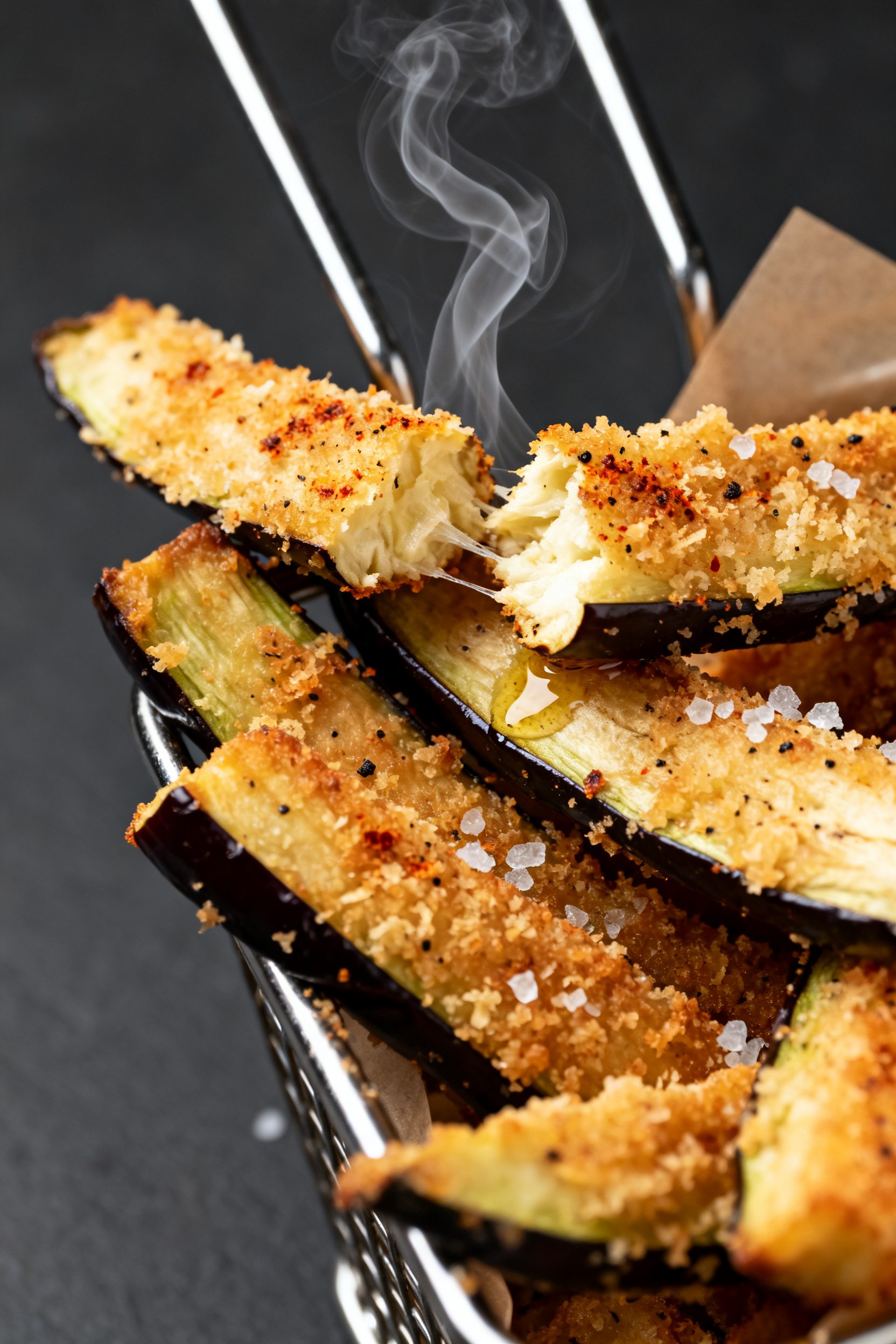 Close-up detail: Golden-brown air fryer eggplant fries just out of the basket, crisp panko-Parmesan 