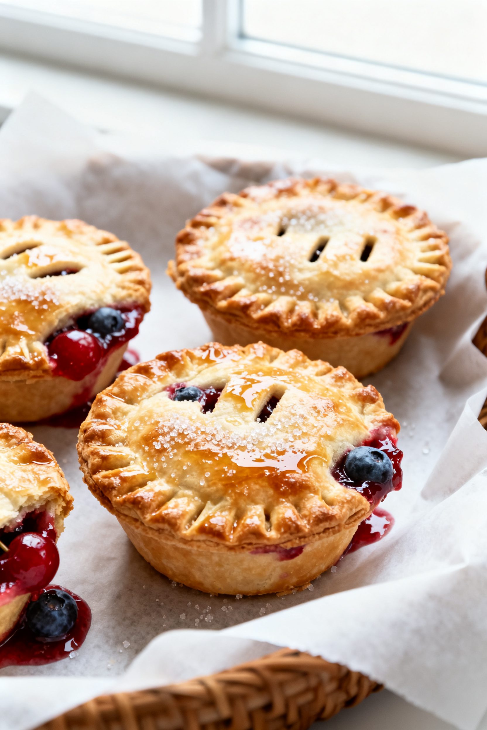Close-up detail: Golden-brown air fryer mini pies just finished cooking on a parchment-lined air fry