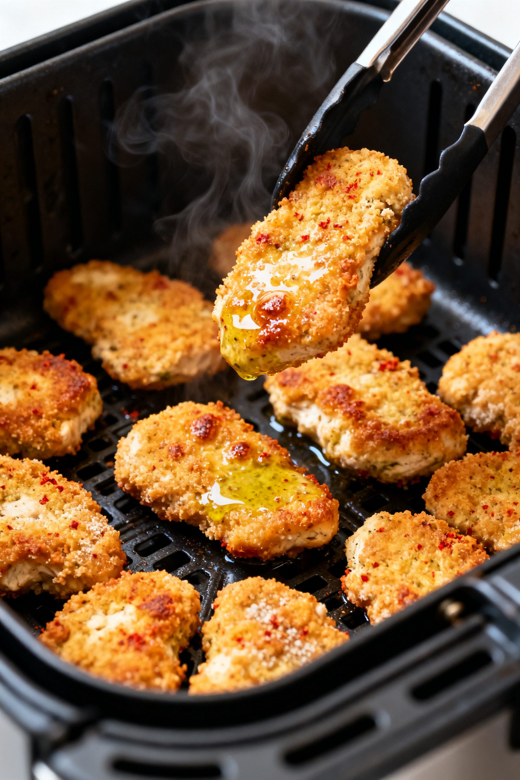 Close-up detail: Golden-brown air fryer paleo chicken nuggets just out of the basket at 400°F, coat