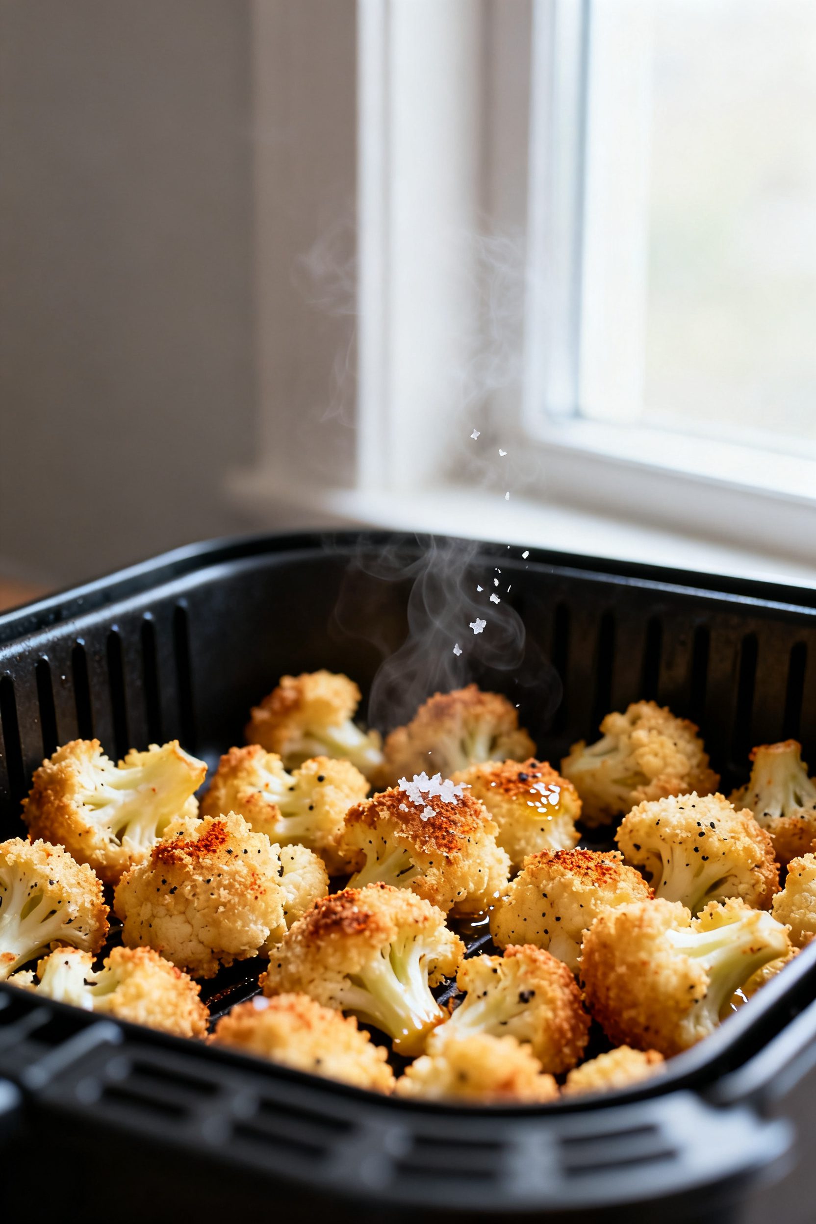 Close-up detail: Golden-brown air fryer popcorn cauliflower just finished cooking in the basket at 4