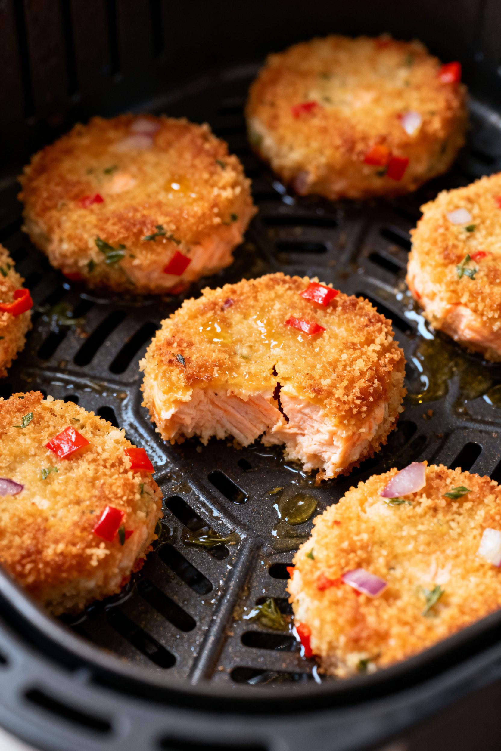 Close-up detail: Golden-brown air fryer salmon croquettes just after flipping, sizzling on a dark no