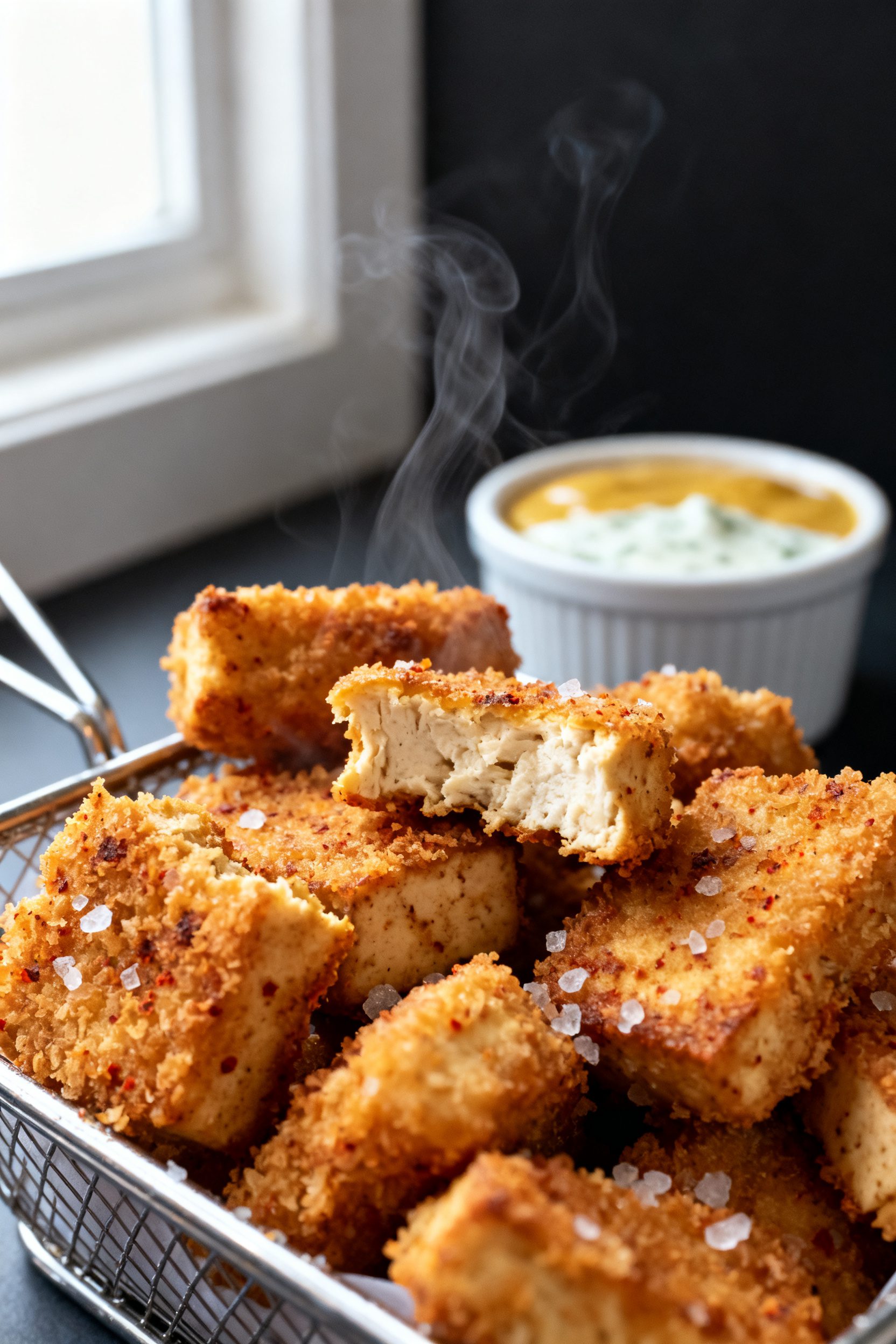 Close-up detail: Golden-brown air fryer tofu “chicken” nuggets just out of the basket, ultra-cri