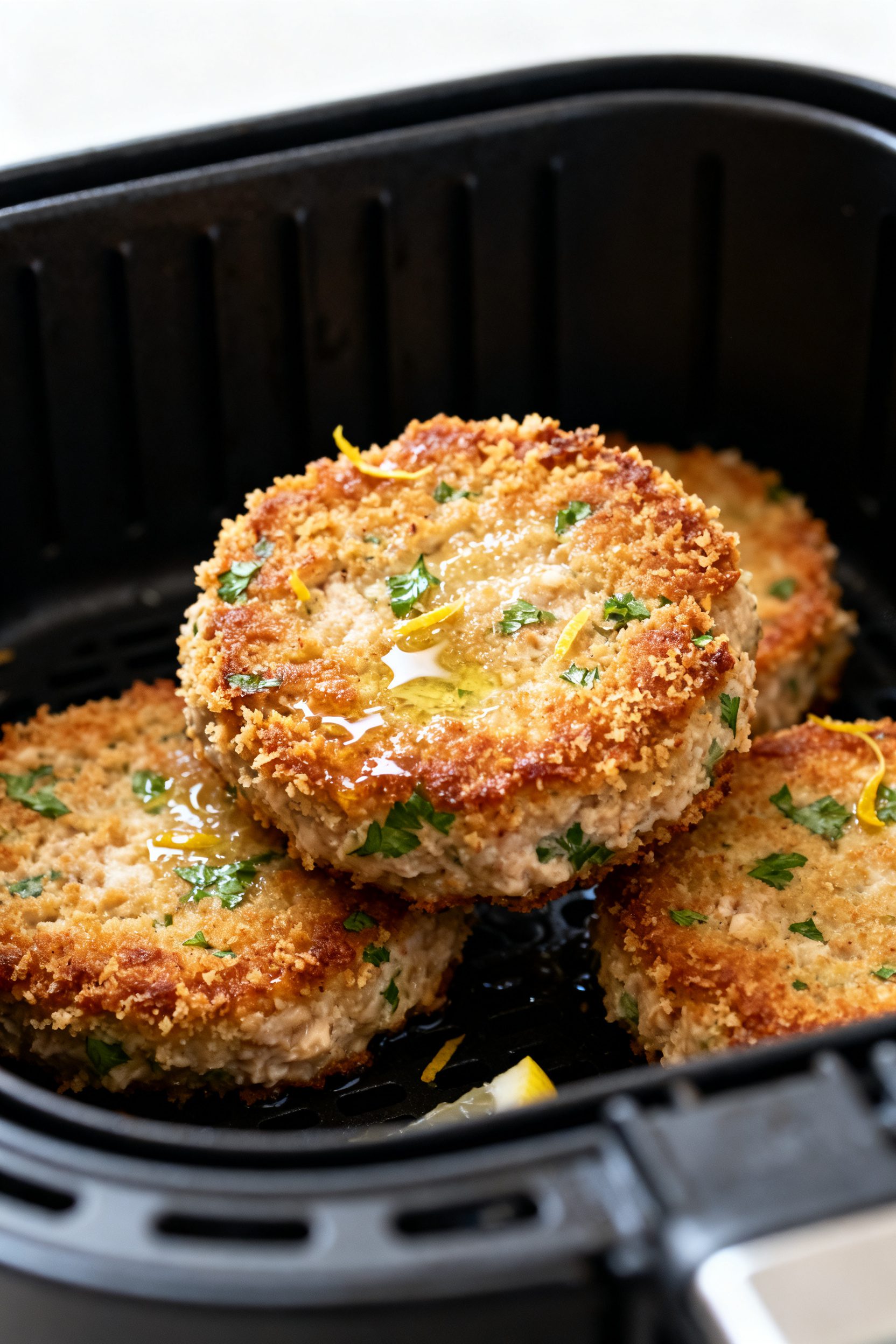 Close-up detail: Golden-brown air fryer tuna cakes just after flipping at the 5-minute mark inside a