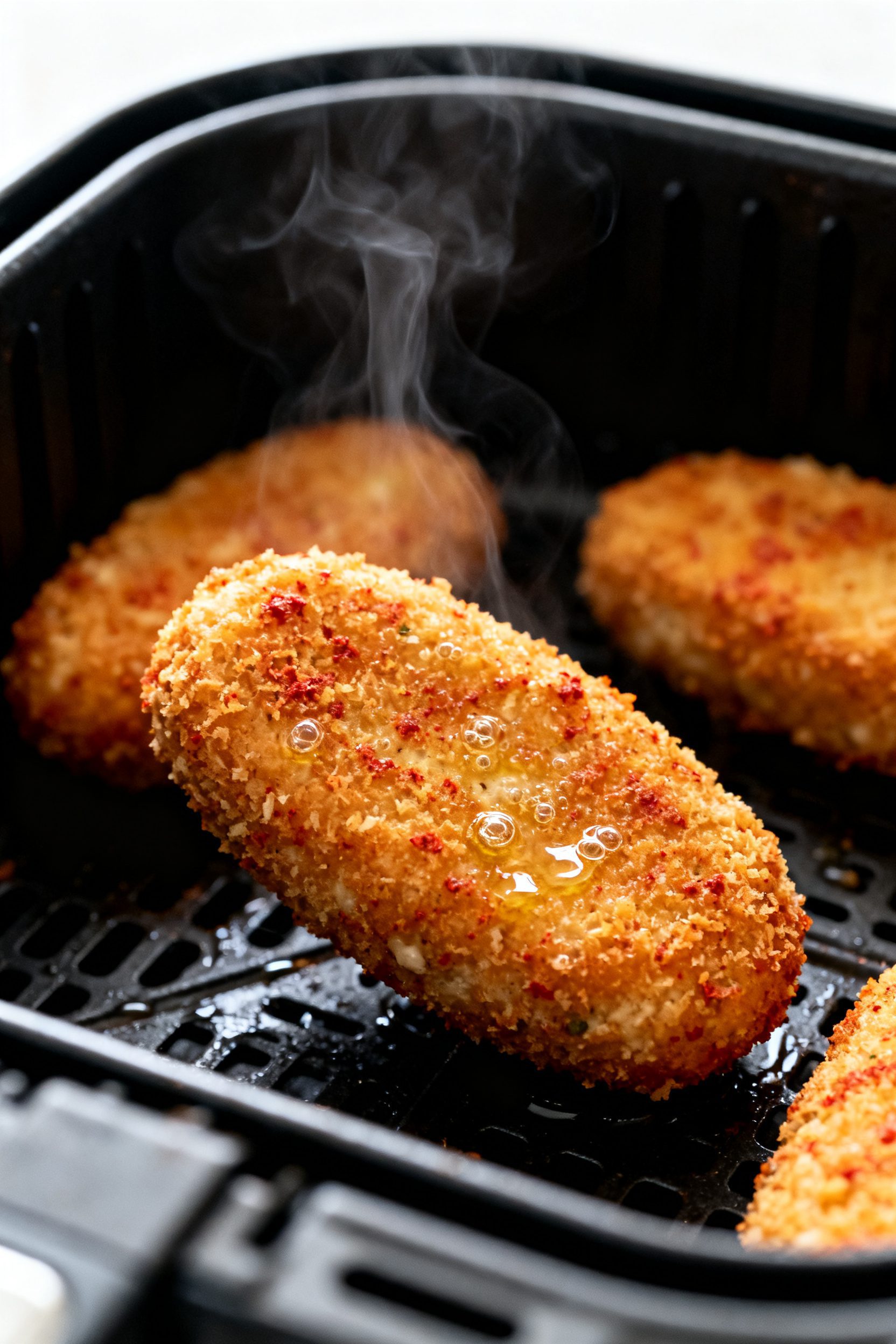 Close-up detail: Golden-brown air fryer tuna croquettes just after flipping in the basket at 390°F,