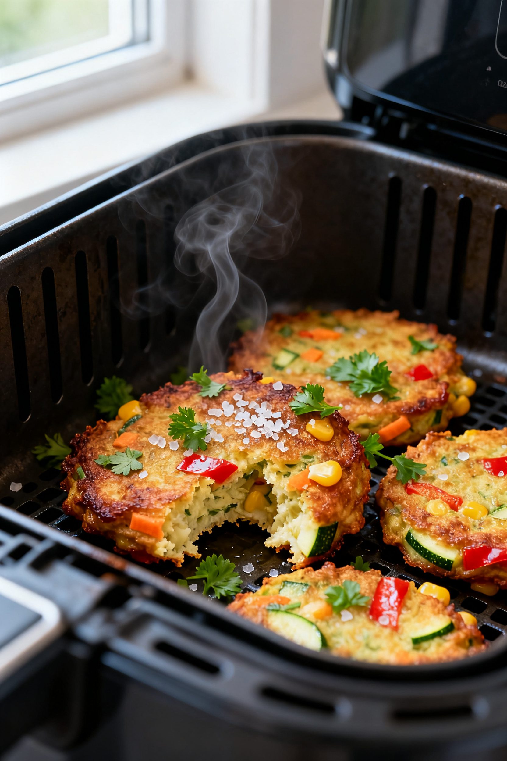 Close-up detail: Golden-brown air fryer veggie fritters just out of the basket, edges deeply crisp w