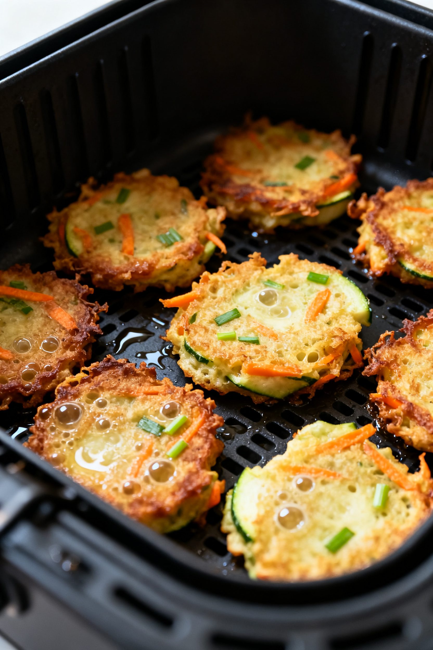 Close-up detail: Golden-brown air fryer zucchini carrot fritters just after flipping in the air frye