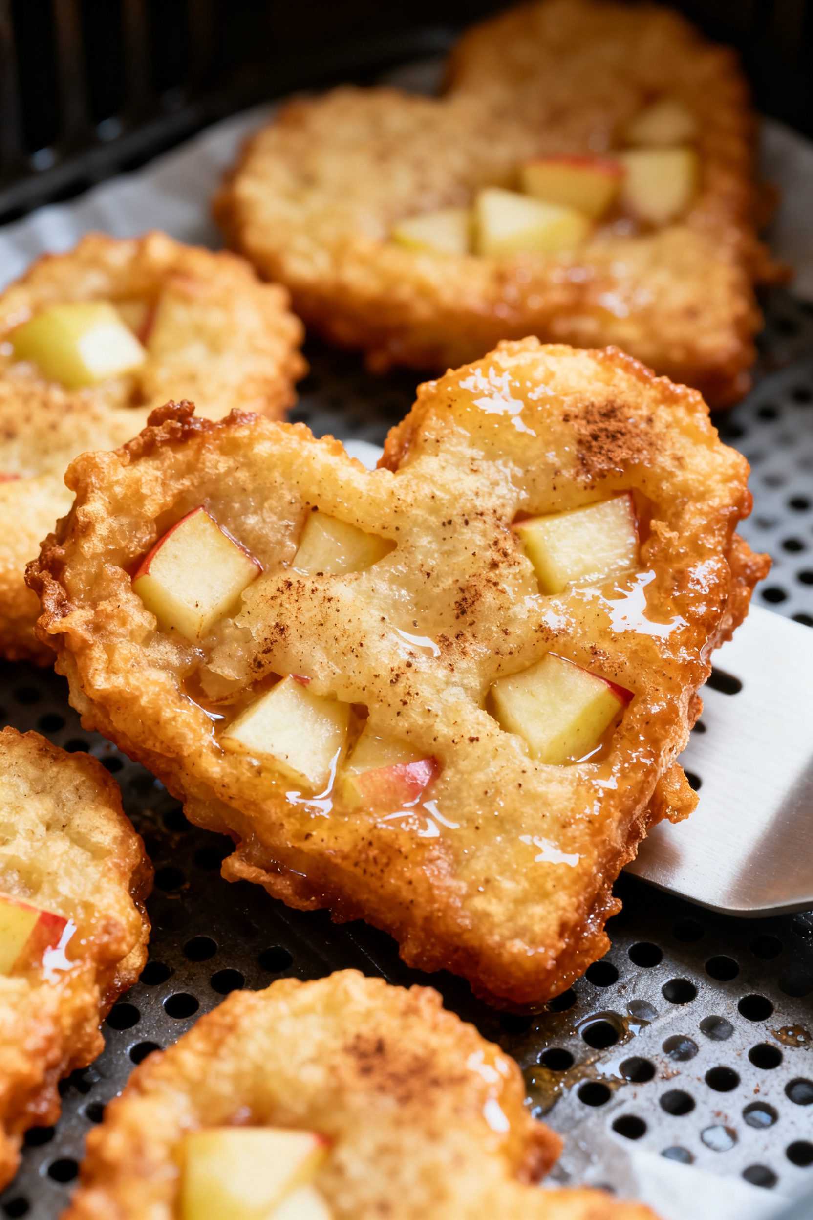 Close-up detail: Golden-brown, heart-shaped apple fritters just out of the air fryer, crisp craggy e