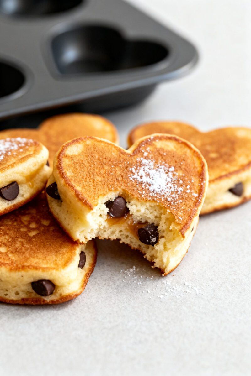 Close-up detail: Golden-brown heart-shaped pancake bites just out of the air fryer, edges lightly cr