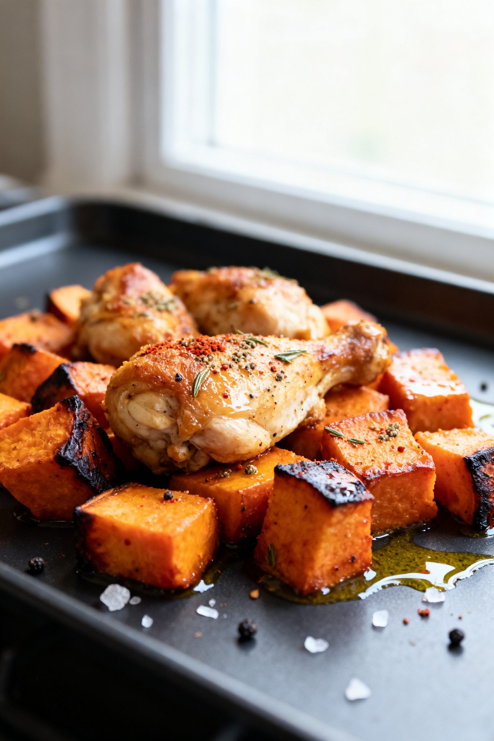 Close-up detail: Golden-browned air-fried chicken chunks nestled among caramelized sweet potato cube