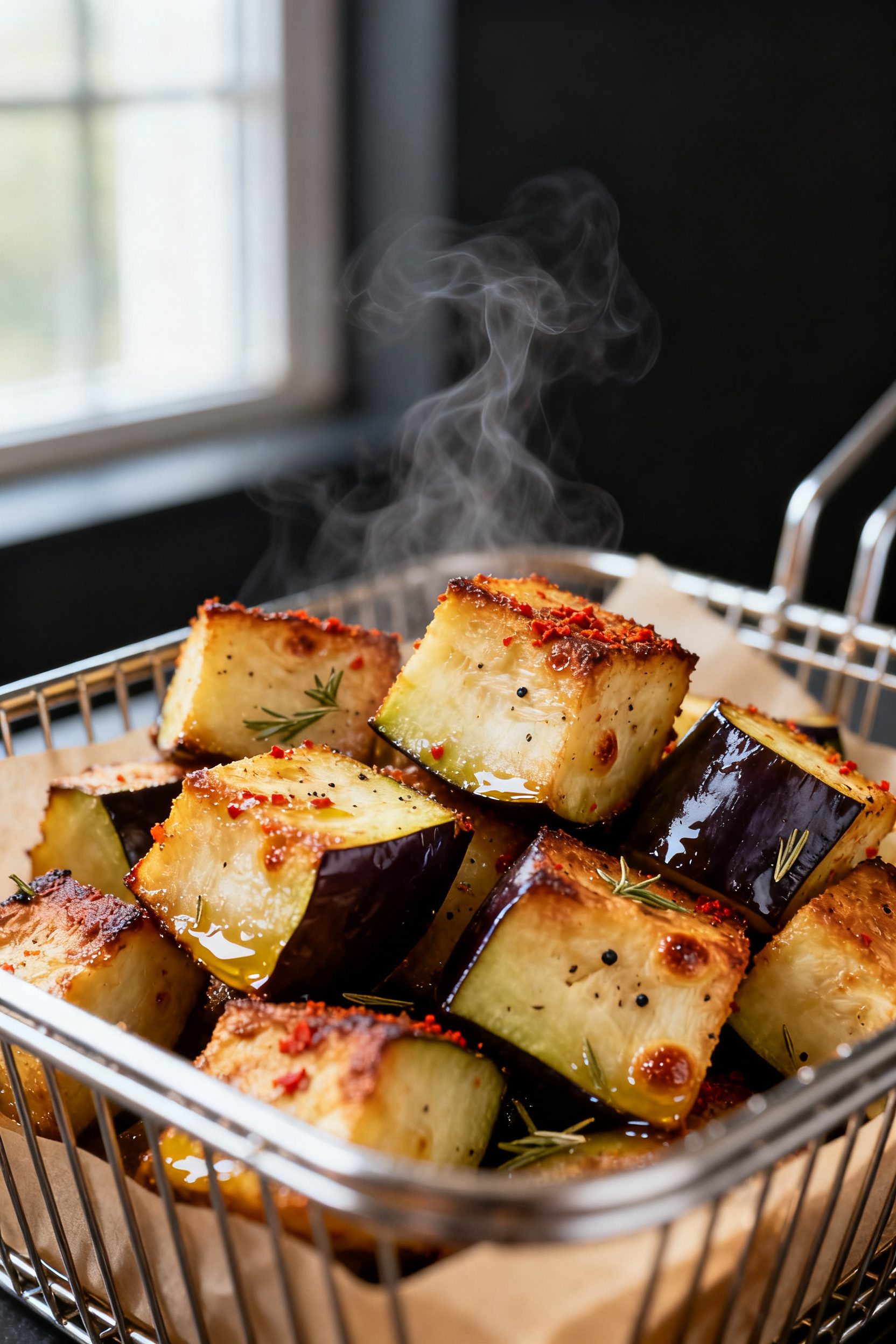 Close-up detail: Golden-browned air-fried eggplant cubes fresh from the basket, crisp edges with vis
