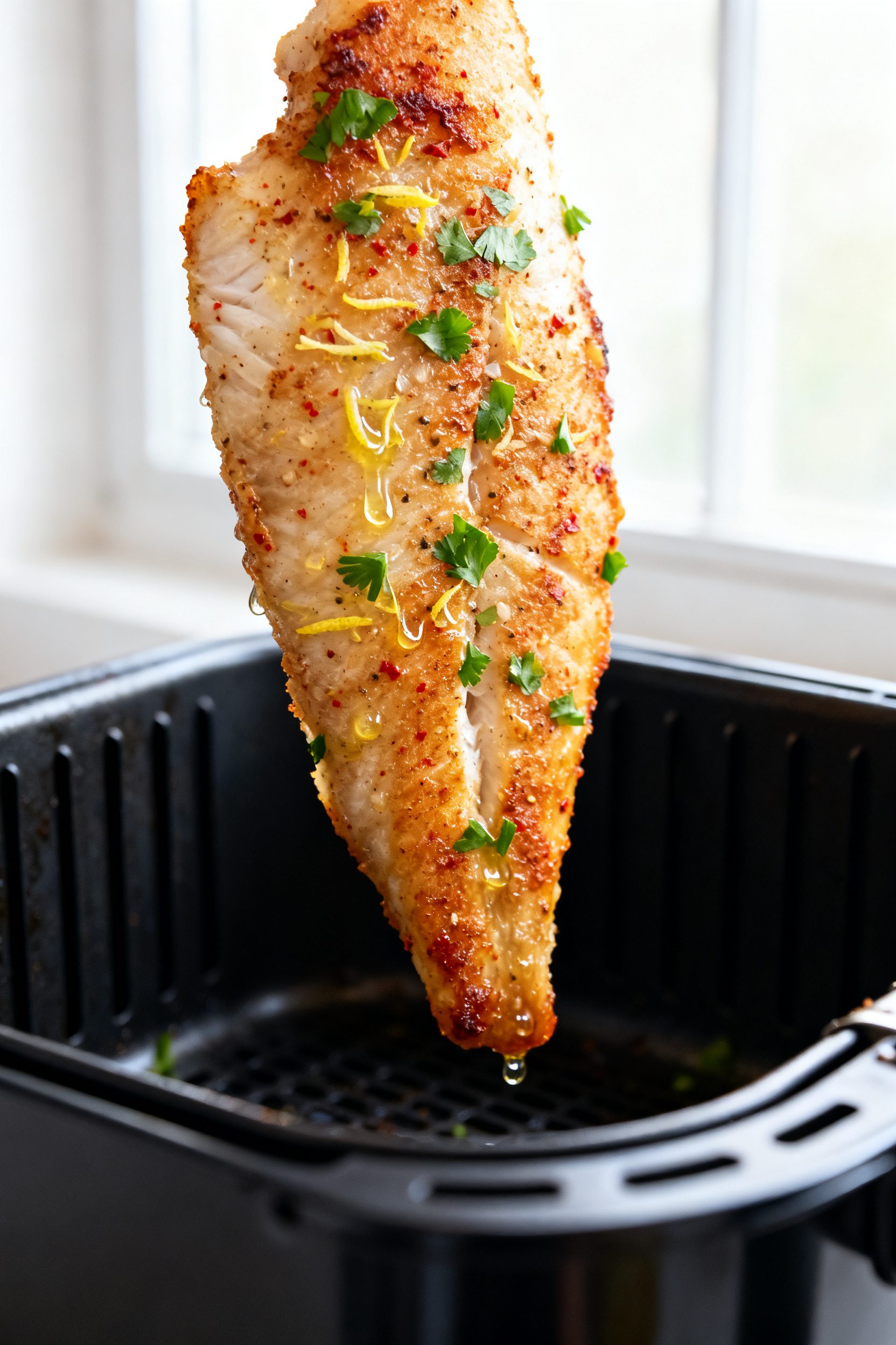 Close-up detail: Golden-browned air-fried tilapia fillet just out of the basket, edges lightly crisp