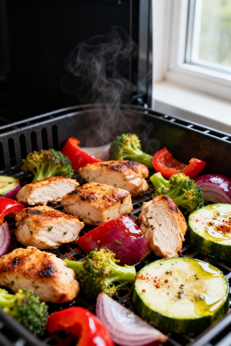 Close-up detail: Golden-browned air fryer chicken and veggies just out of the basket, showing juicy