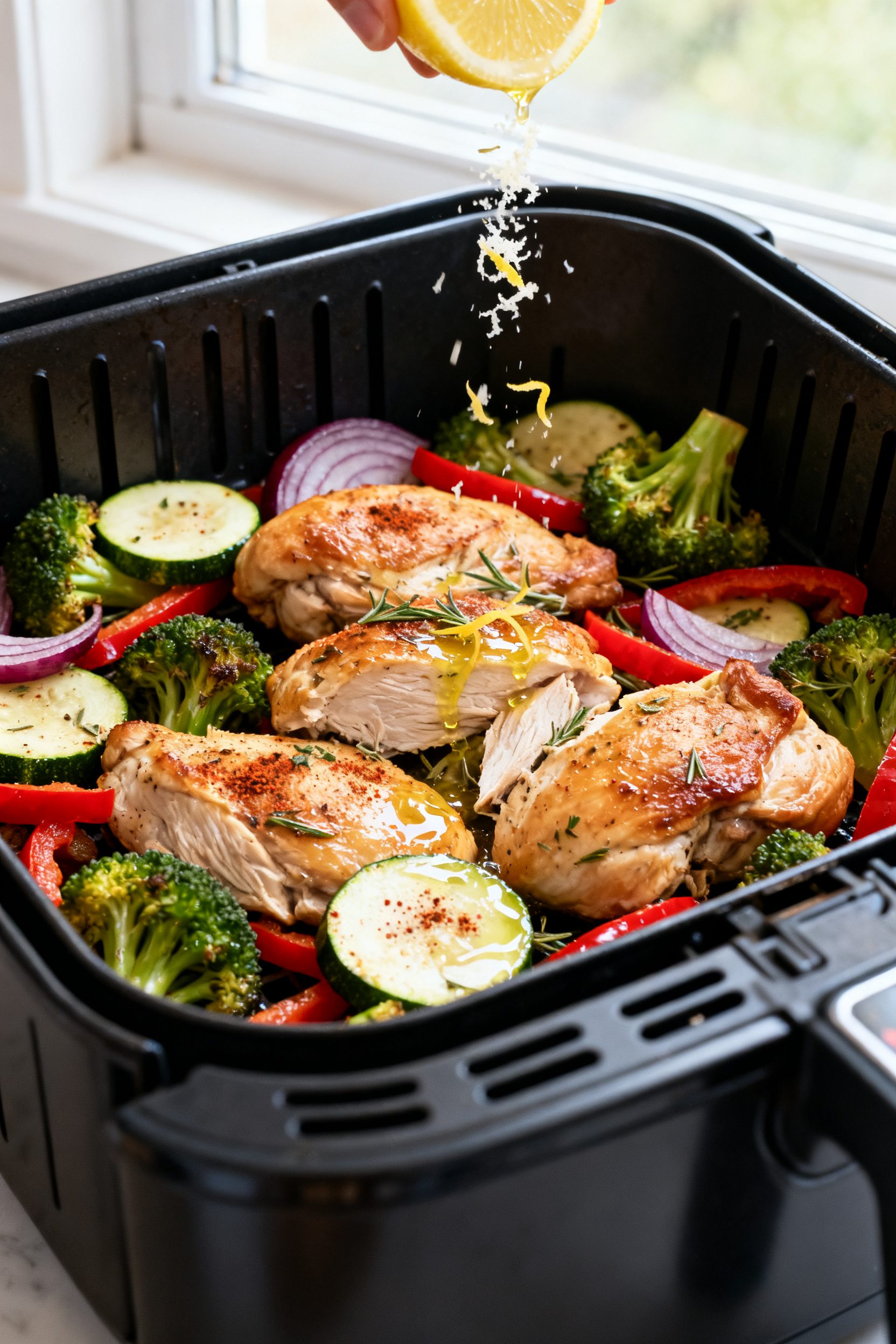 Close-up detail: Golden-browned air fryer chicken thighs and breast chunks nestled over roasted broc